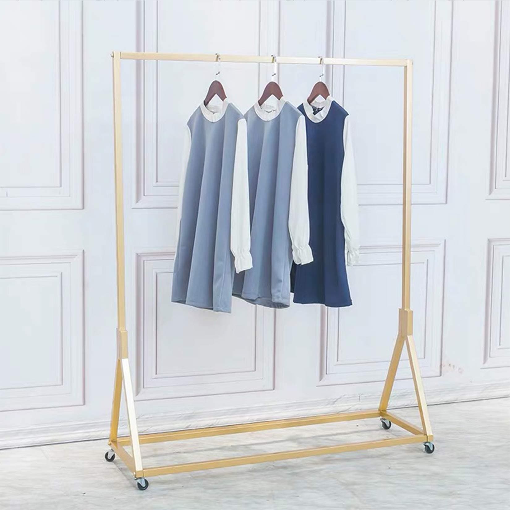 Modern Simple Heavy Duty Metal Rolling Garment Rack with Wheel,Retail Display Clothing Rack,Wrought Iron Single Rod Floor-Standing Hangers Clothes Shelves (Gold Square Tube A, 47.2 L)