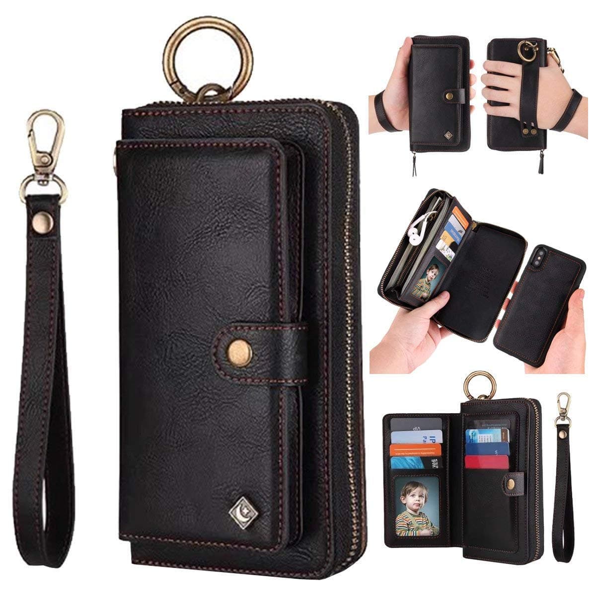 AIFENGCASE Phone Case Compatible with iPhone XR,Wallet Case for Women Men Girl,Wristlets Clutch Zipper Leather Pouch Wallet Flip Phone Case Card Holder Magnetic Detachable Back Cover,Black