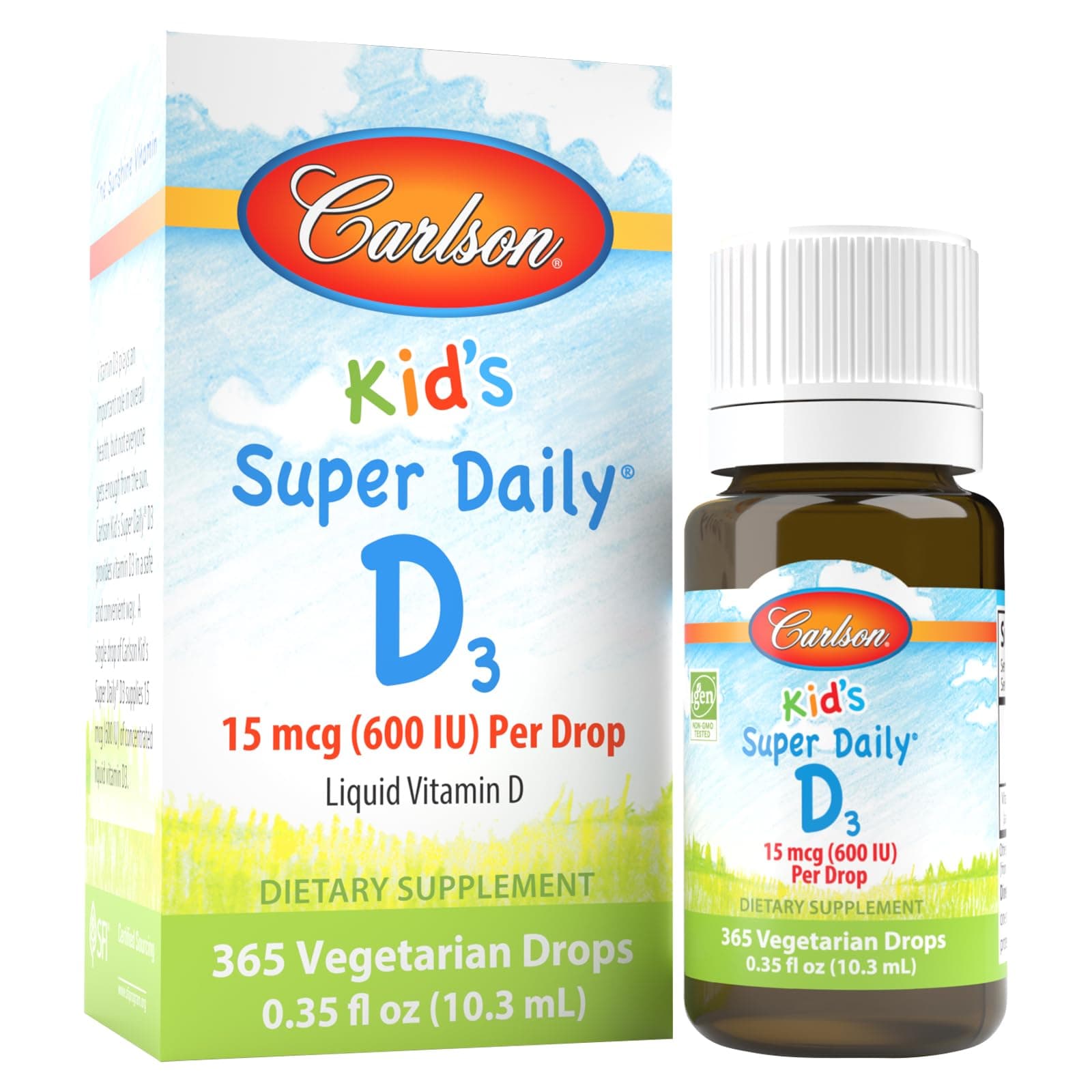Kid's Super Daily D3, Vitamin D Drops for Kids, 400 IU per drop, 1-Year Supply, Heart & Immune Health, Vegetarian, Liquid Vitamin D Drops, Unflavored, 365 drops