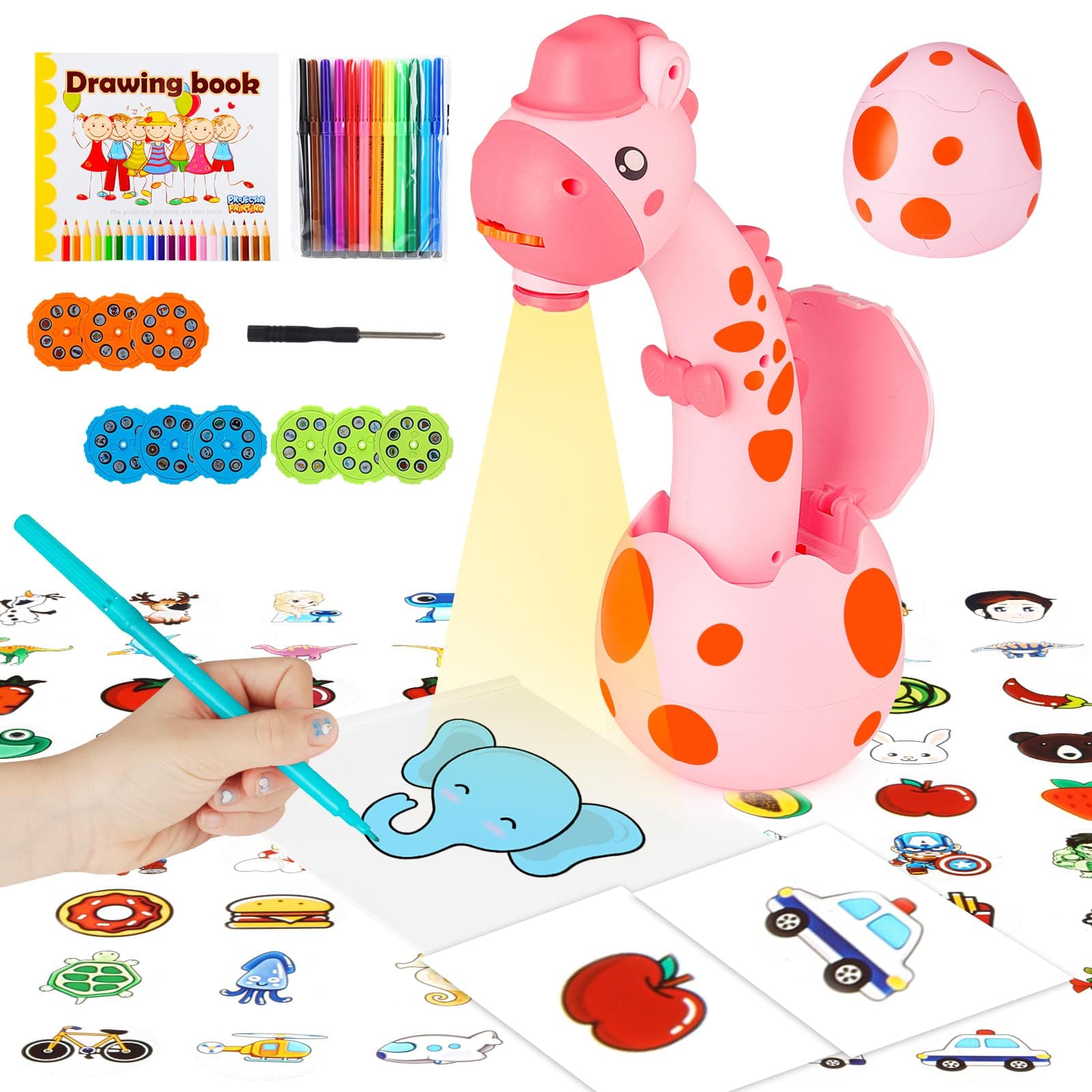 Drawing Projector for Children, Painting Board, Magic Board, Projector Track and Draw Toy, Children's Drawing Board, Drawing Play Set, Birthday Gifts for Girls, Boys, 3, 4, 5, 6 Years Old (Pink