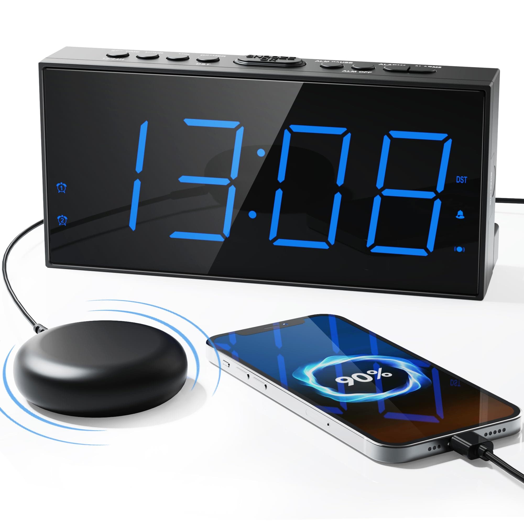 Loud Alarm Clock with Bed Shaker, Vibrating Alarm Clock for Heavy Sleepers/Hard of Hearing/Deaf,Dual Alarms, 7.5’’ Large LED Display, Dimmer, USB Charging Port, Plug-in with Memory Function