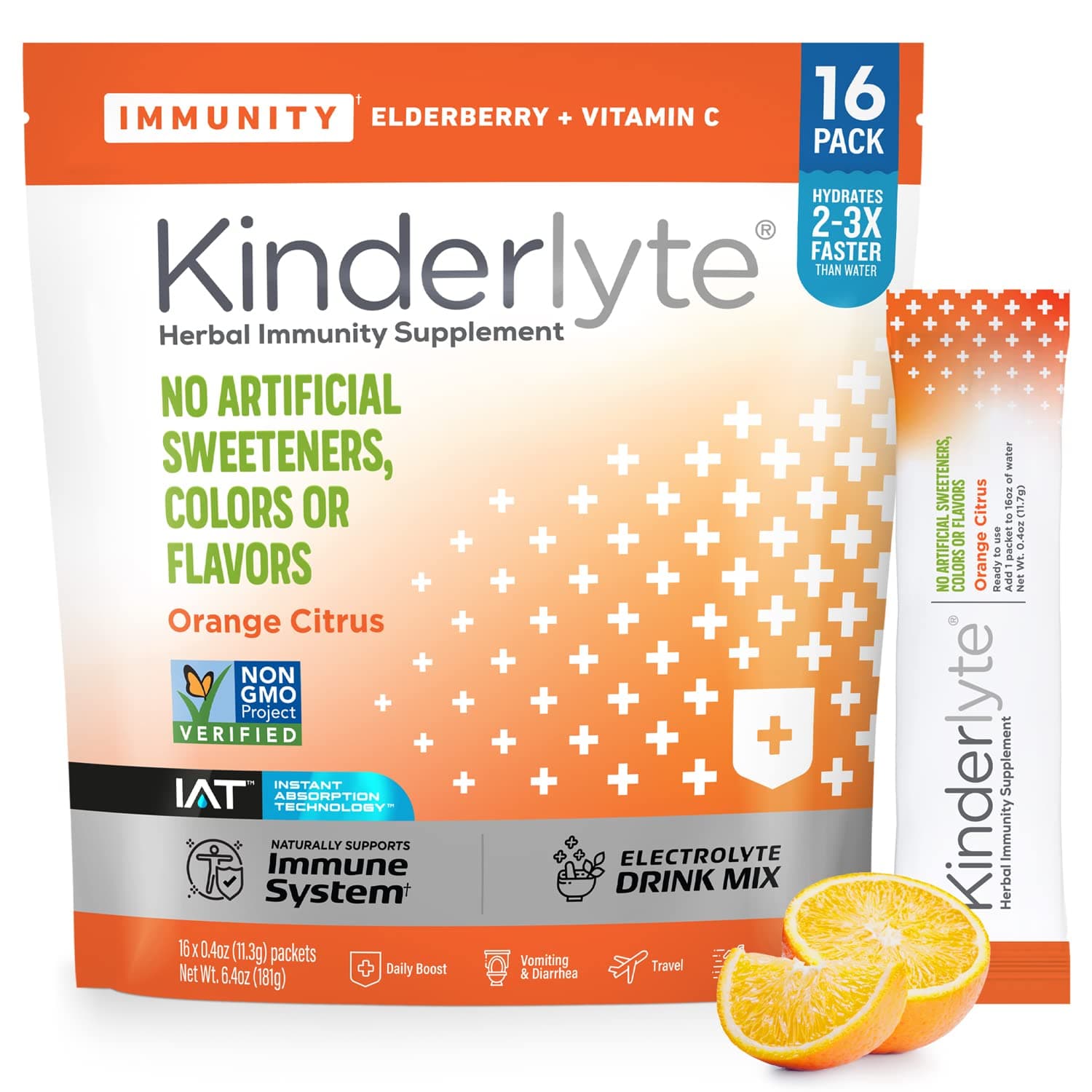 Kinderlyte Immunity Supplement for Kids and Adults, Electrolyte Powder Hydration Packets with Vitamin C, Zinc & Turmeric (Orange Citrus, 16 Count) No Artificial Sweeteners, No Synthetic Dyes