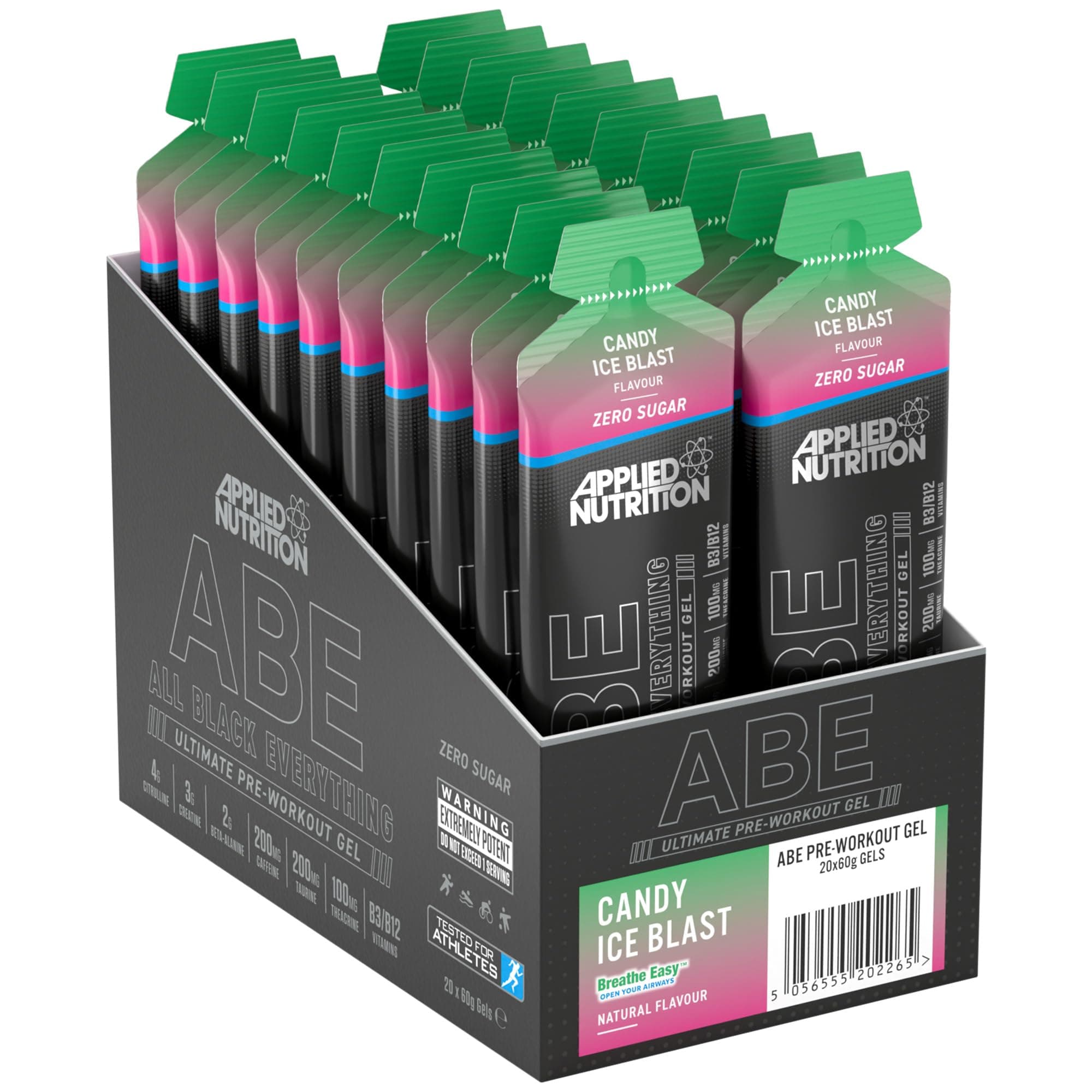 ABE Pre Workout Gel - All Black Everything Pre Workout Gel, Energy & Physical Performance with Citrulline, Creatine, Beta Alanine (20 x 60ml Gels) (Candy Ice Blast)