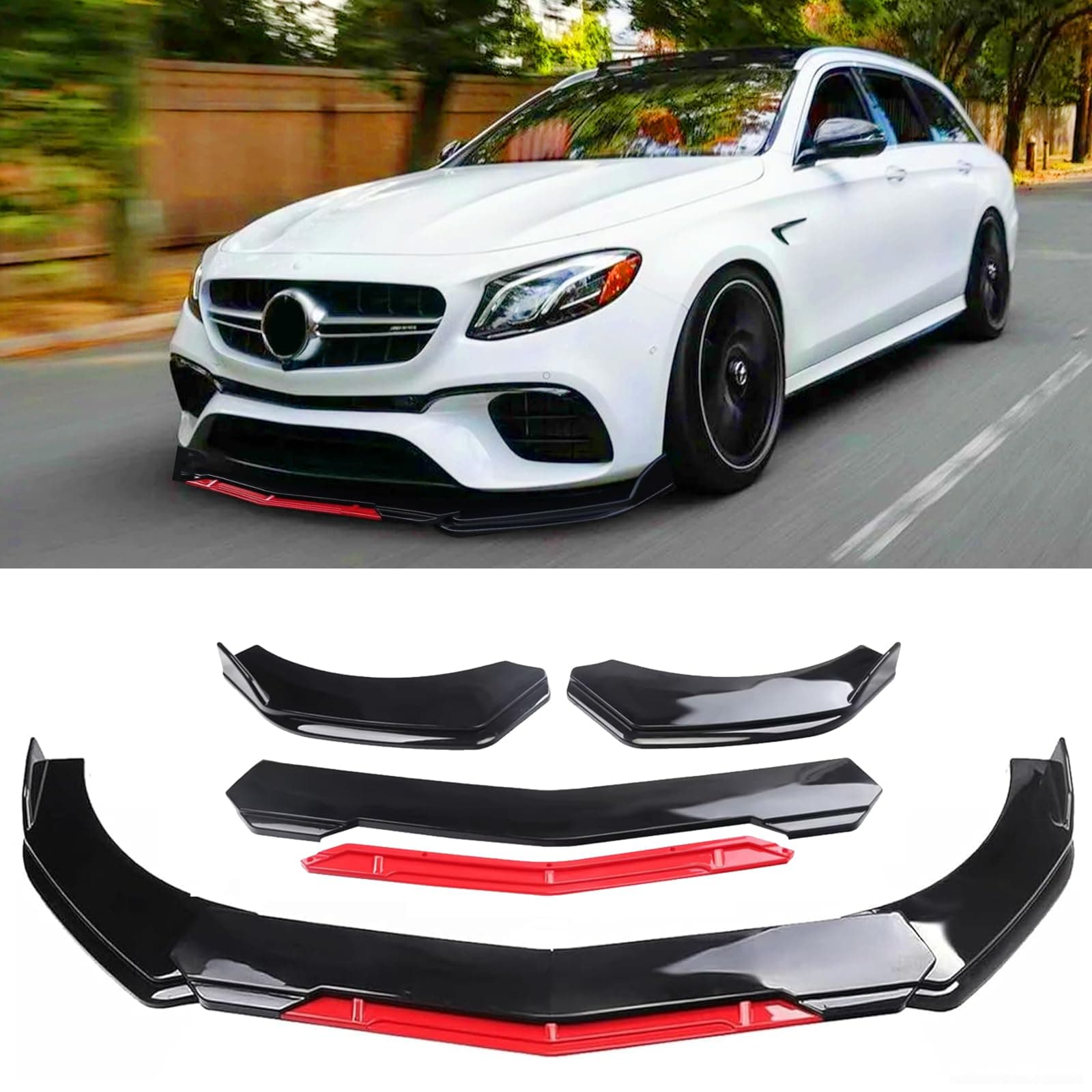 Universal Front Lip for Car,Glossy Black Front Bumper Lip, ABS Adjustable Sharp Corner Front Bumper Lip Splitter Protector Replacement for Most Vehicle (Glossy Black w/Red)