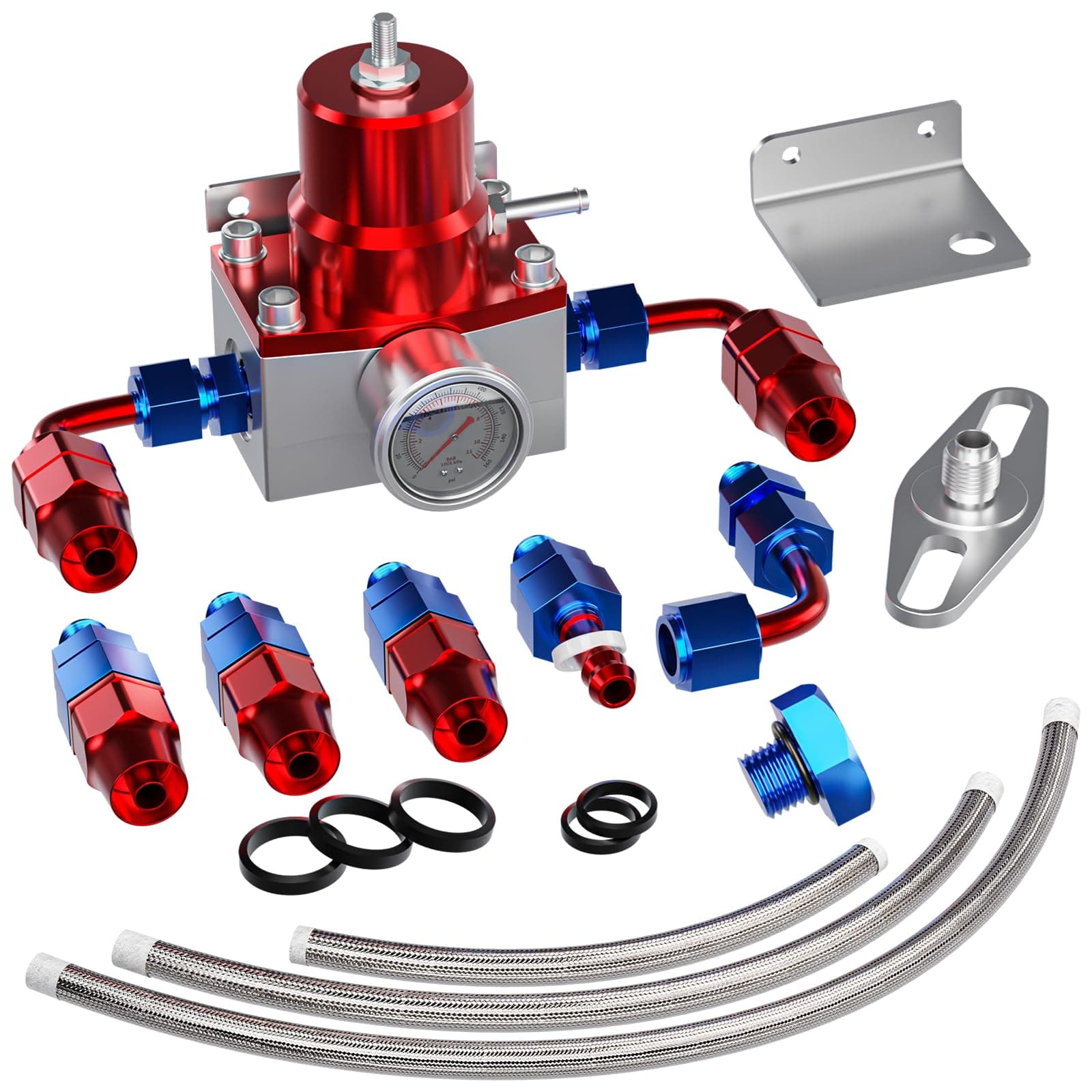 EFI Fuel Pressure Regulator Kit with Bypass Return 0-100psi Pressure Gauge AN6-6AN Fuel Line Hose Fitting Connectors Kit Adjustable Universal Aluminum (Blue)
