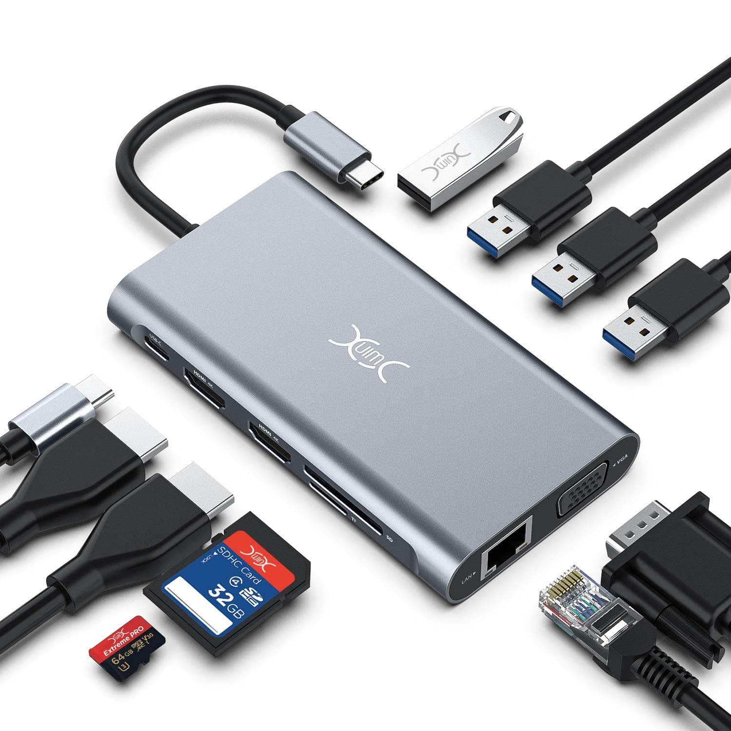 USB C Hub Triple Display-YXwin 2019 Latest 11 in 1 USB C Adapter Docking Station Dual 4K HDMI+VGA 4 USB Ports 100W Power Delivery Ethernet Port SD/TF Card Compatible for MacBook ChromeBook MateBook