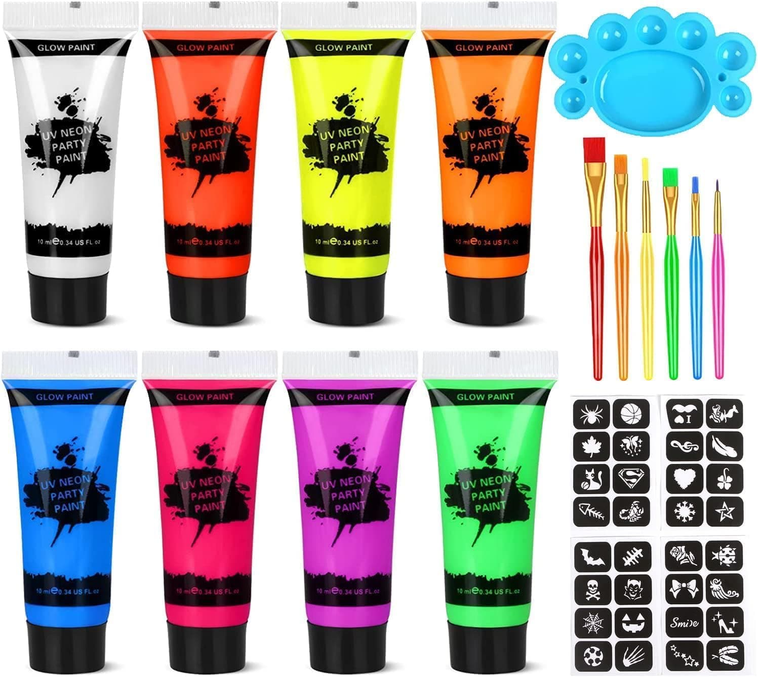 Face Paint, 8 Pcs Glow in Dark Face Body Paint, UV Blacklight Fluorescent Art Paint Accessories, Body Makeup Glow in the Dark Party Supplies