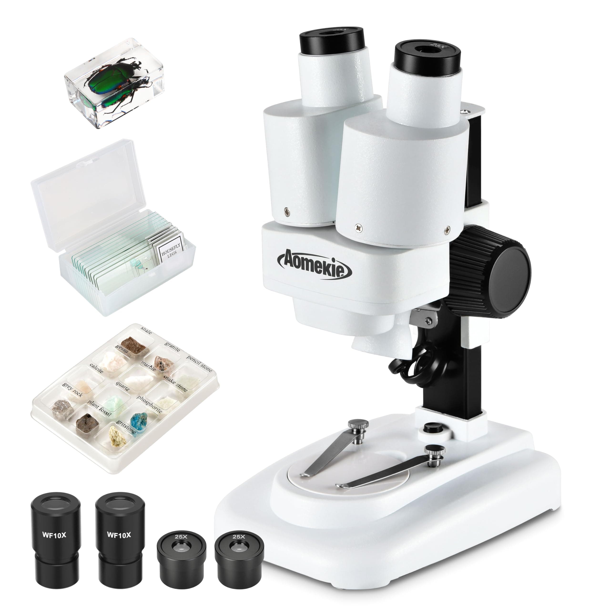 Aomekie® Microscope 20X 50X with 10Pcs Slides Insect Specimen Stereo Microscope with WF eyepieces LED Light Source Portable Stereoscope 12Pcs Mineral specimens