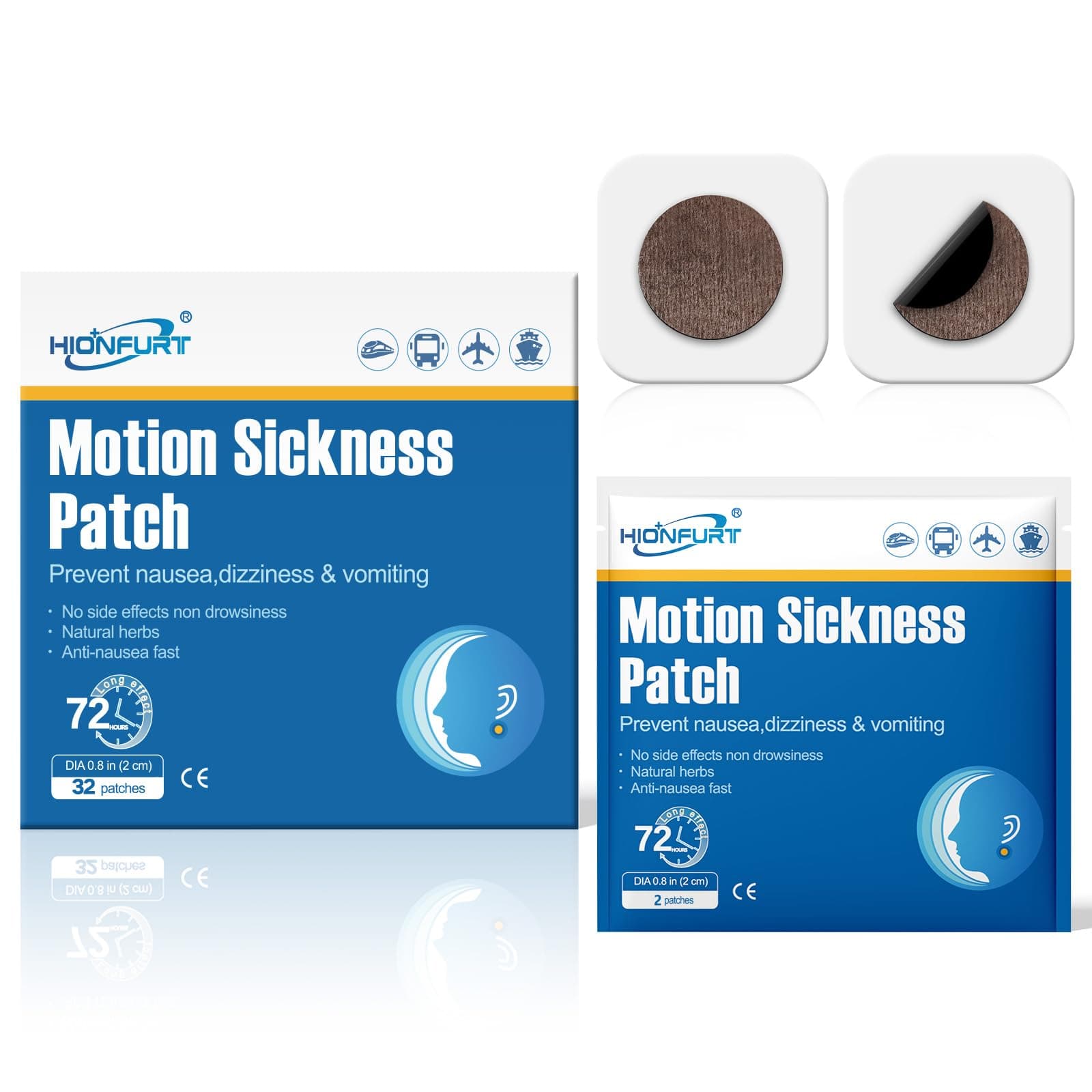 Hionfurt Motion Sickness Patch, 32 Patches Nausea Patches, Motion Sickness Patch for Kids, Adults, Sea Sickness Patches Relieve Nausea, Vomiting, Dizziness & Other Symptoms from Ships,Trains