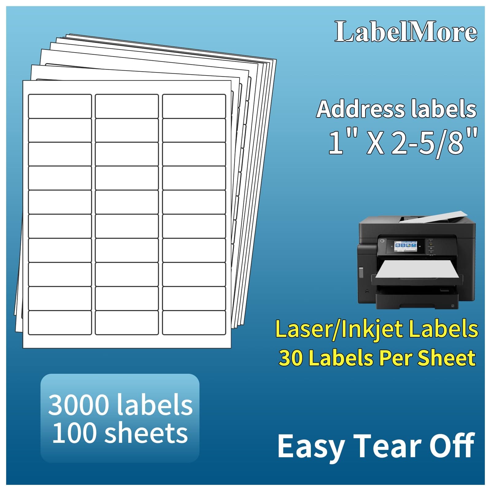 1" X 2-5/8" Address Labels 30 Per Sheet Sticker Paper for Laser and Inkjet Printers, 8.5"×11" White- 3000 Labels
