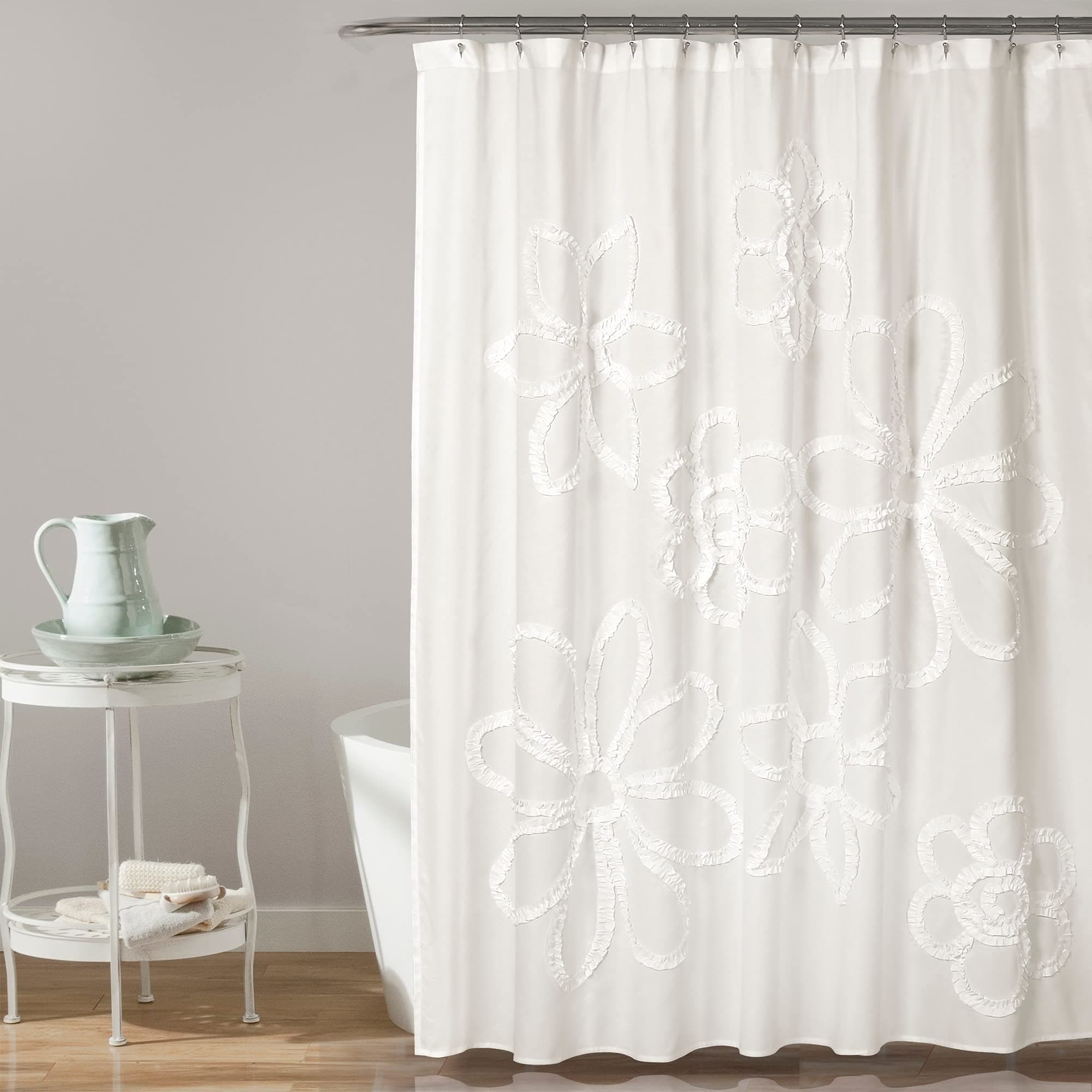 White Ruffle Flower Polyester Shower Curtain, 72" x 72"