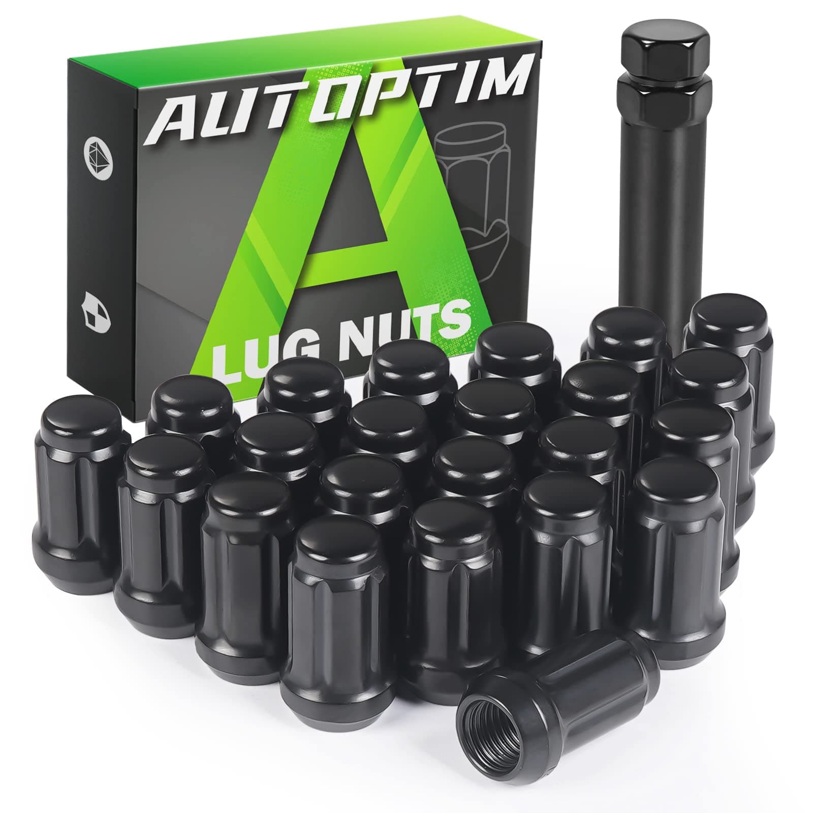 AUTOPTIM 1/2-20 23PCS Lug Nuts - Replacement for 1987-2018 Jeep Wrangler JK, 2002-2012 Liberty, 1993-2010 Grand Cherokee Aftermarket Wheel, 17mm Hex, Black Closed End Short Nuts with Socket Key