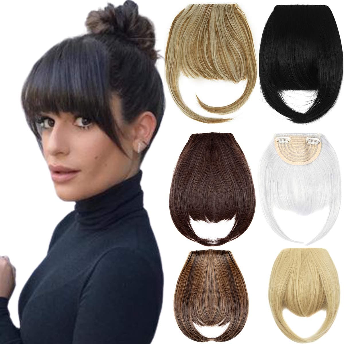 8" Clip in Bangs Hair Extensions Thick Full Neat Bangs Fringe Hair Extension with Temples One Piece Clip on Front Bangs Hairpiece