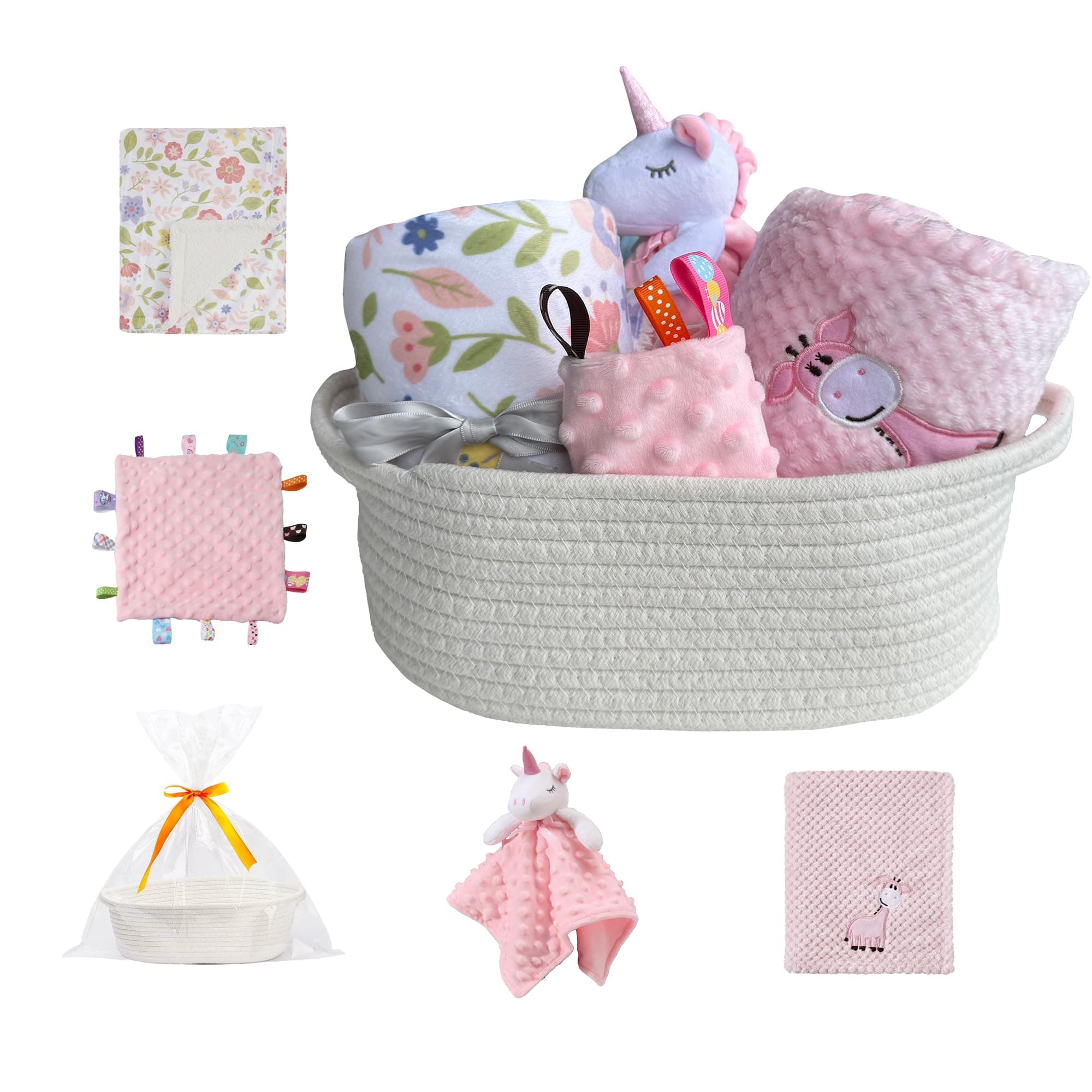 CREVENT Baby Welcome Gift Set Storage Basket with 2 Blankets+ 1 Security Blanket + 1 Taggie + 1 Gift Bag with Ribbon (Pink)
