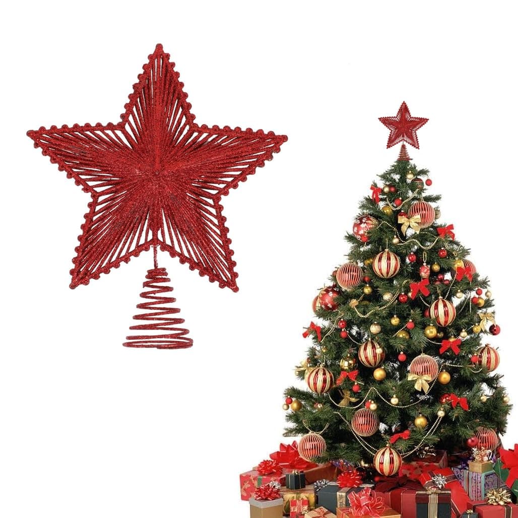 Christmas Star Tree Topper,Xmas Tree Glittered Tree-Top Decoration,Christmas Tree Toppers Hollow Star Ornament,Hollowed Pentagram Treetop Decor for Xmas New Year Holiday Party Tree Decor(Red)