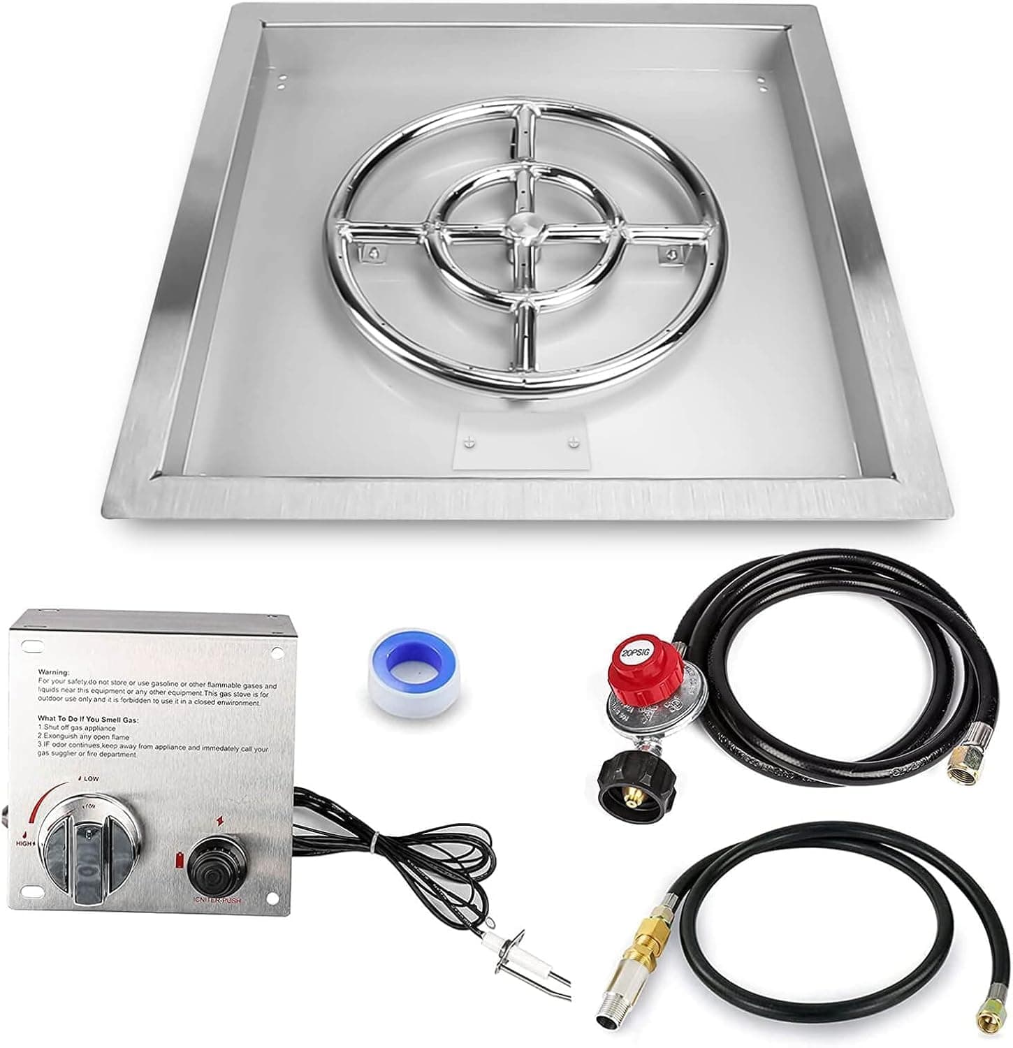 GRISUN Modern Round Stainless Steel Drop-in Fire Pit Kit, 18" x 18", Propane & Natural Gas Compatible, Includes Burner, Pan, Ignition Kit, Hose & Accessories