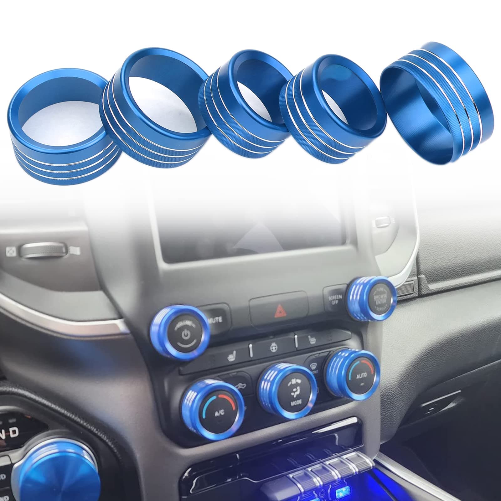 Bolaxin for Dodge Ram Accessories 2019 2020 2021 Interior Control Knob Cover AC/Volume/Mode/AUTO/Browse Switch Decor Button Ring Trim (Blue, 5PCS)