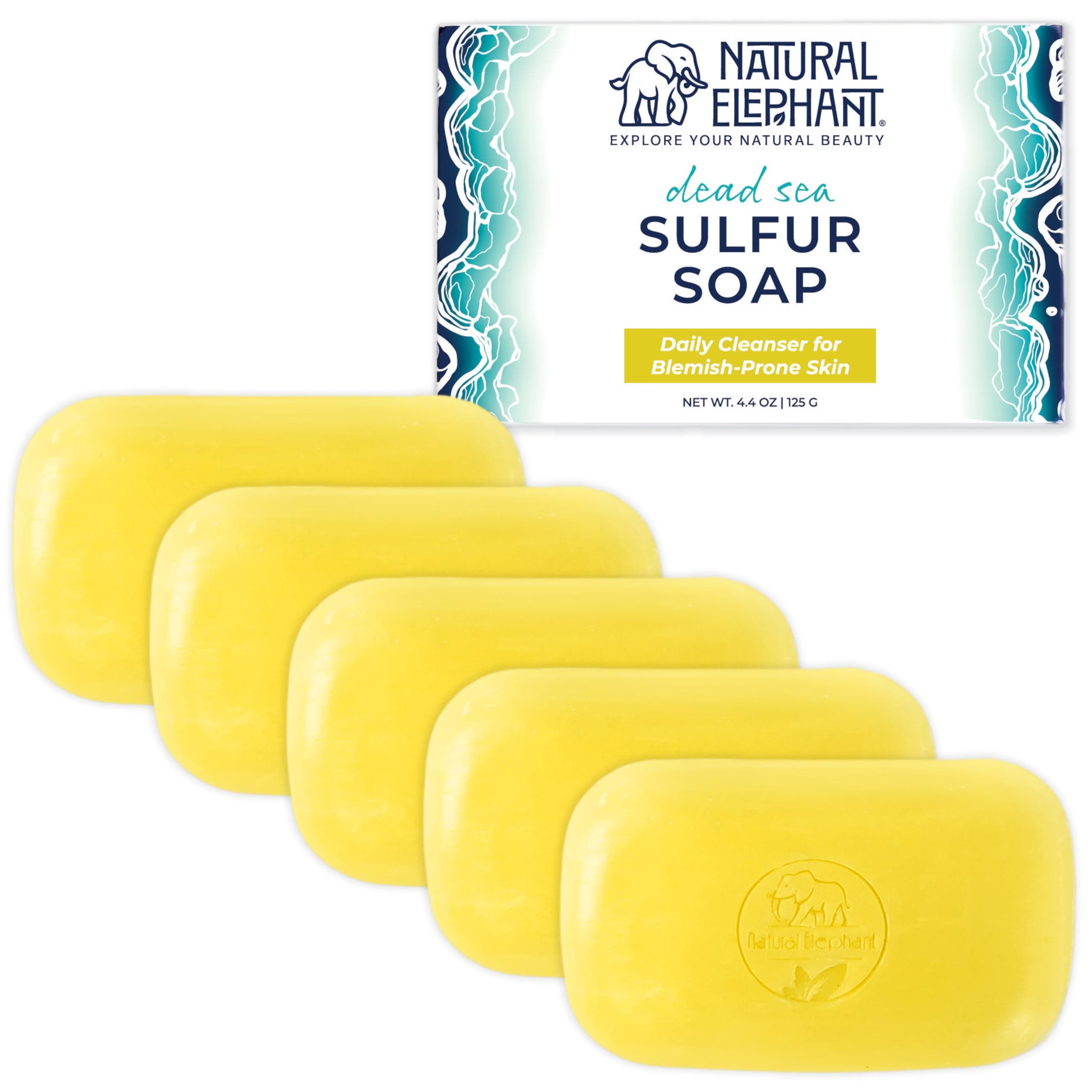 Dead Sea Sulfur Soap 4.4 oz with Dead Sea Salt, Aloe Vera, Sulphur Face and Body Bar for All Skin Types (5 Pack (22 oz Total))