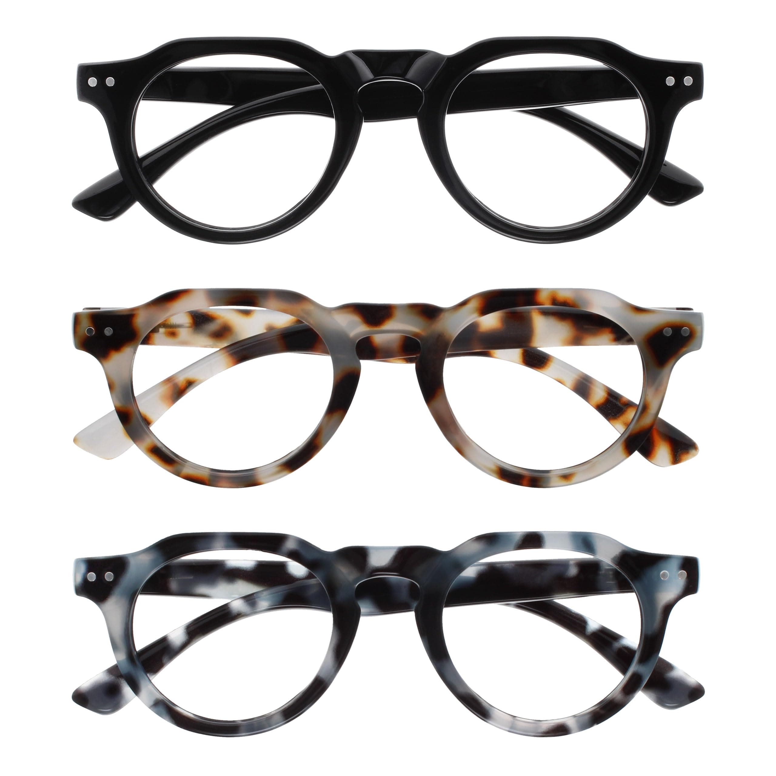OPULIZE RIO Blue Light Blocking Reading Glasses - 3-Pack - Flat Top Frame - Black, Brown & Blue Tortoiseshell - Mens Womens - Spring Hinges - BBB53-123 - +3.00