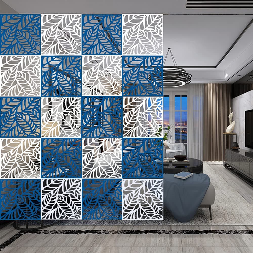 Gluckluz Hanging Room Divider 20 Panel Privacy Screen PVC Wall Partition Separation with Hook & Ring for Living/Dining Room Office Restaurant Home Kitchen Bedroom Office Bar (40x40CM Per Panel, Blue)