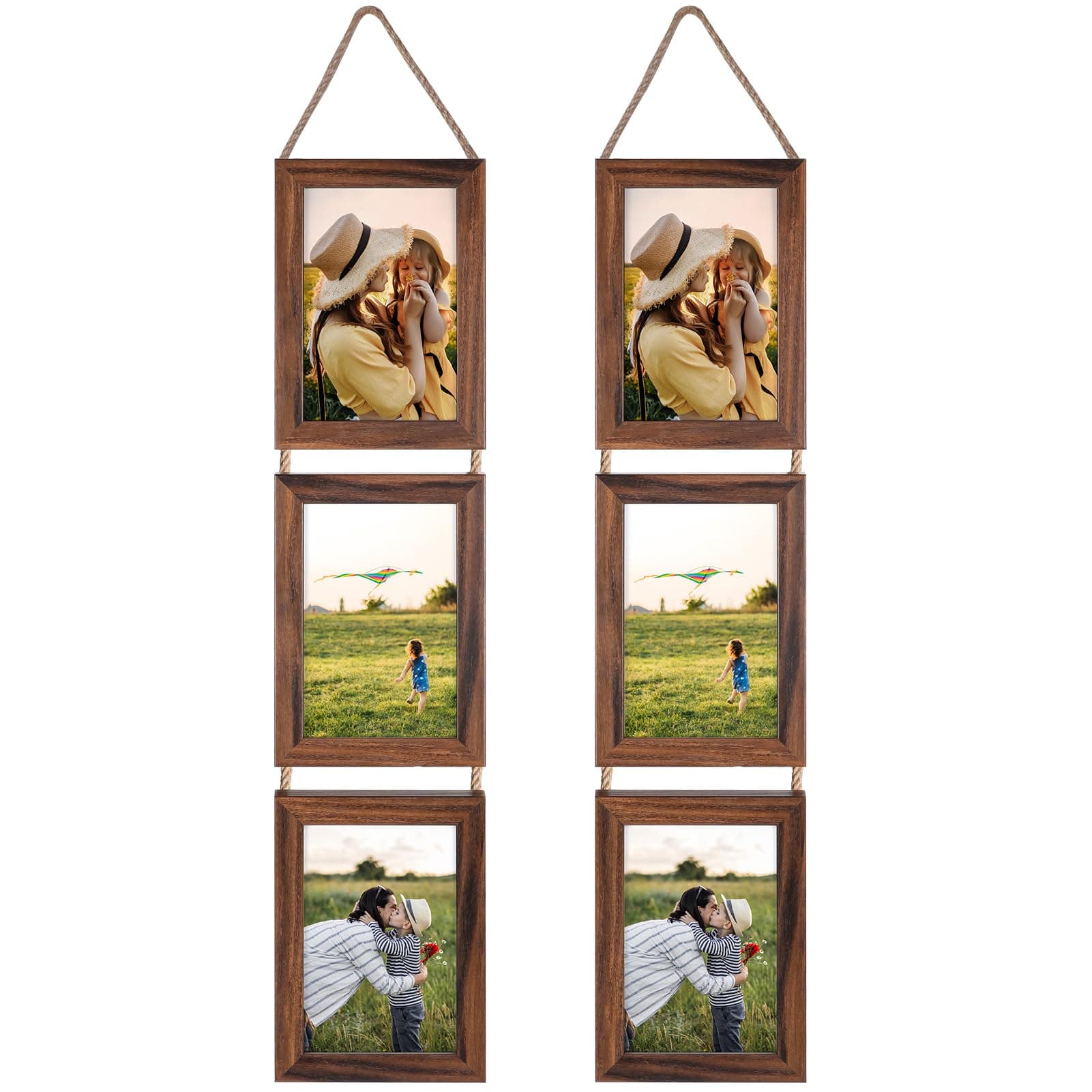 Lavezee 4x6 Collage Triple Picture Frames Set, Walnut Brown 6 Opening Hanging Vertical Frame Made to Display 4 by 6 Inch Photo Print for Wall Decor