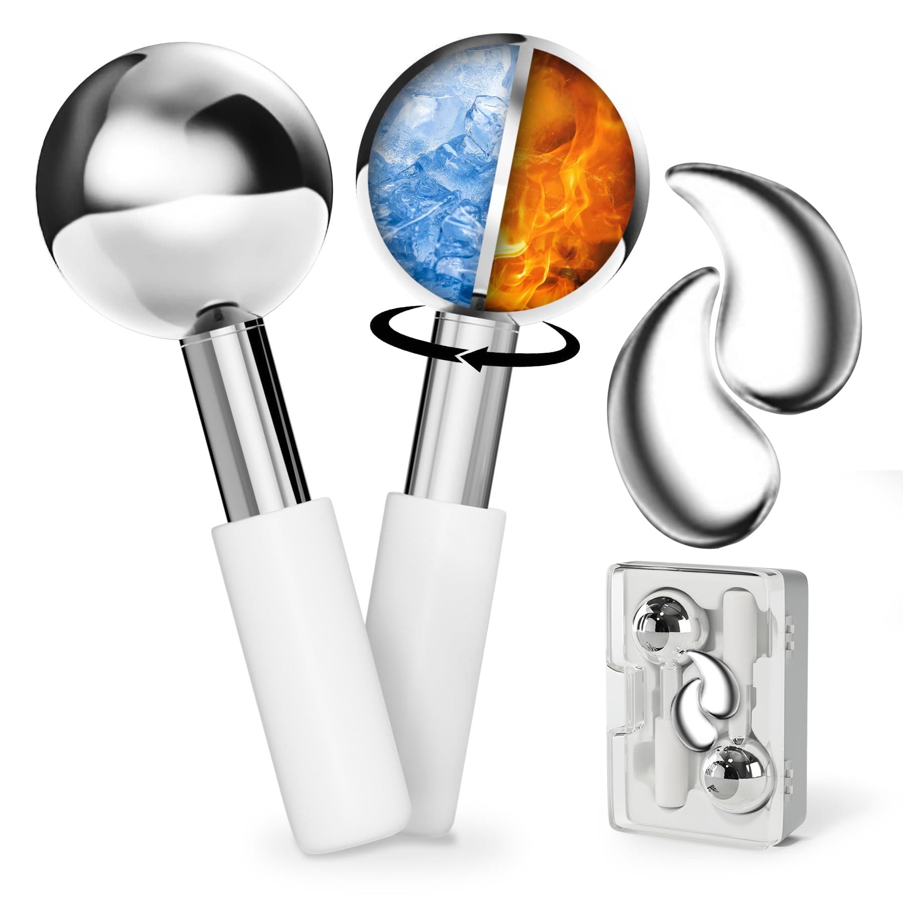 Spinning Ice Globes for Face with Cooling Eye Pad attached, Unbreakable Stainless Steel Cryo Globes with Carry Case, Ideal Esthetician Supplies Cryo Sticks for Face & Eyes