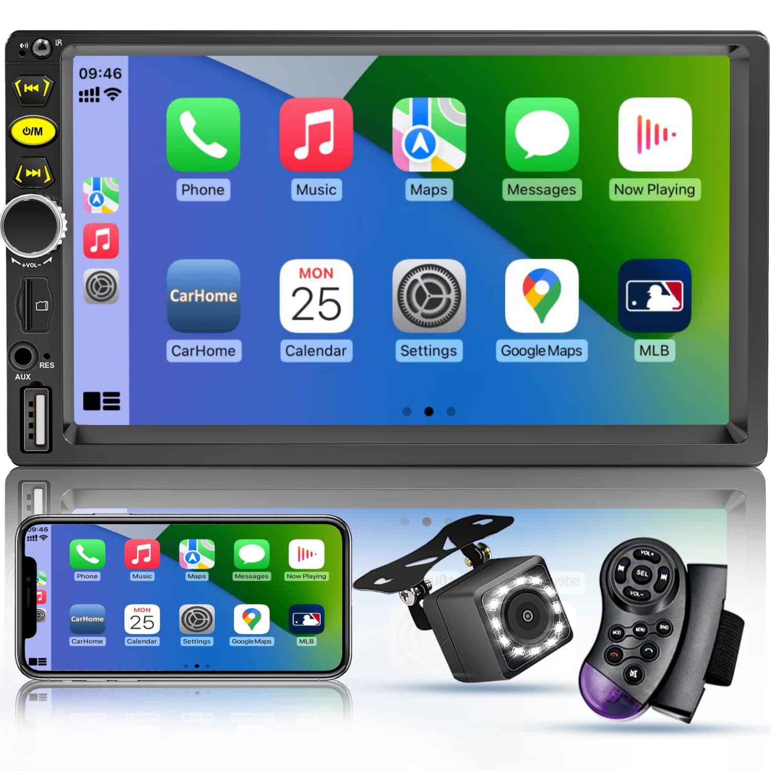 DWMM 7 Double Din Touch Screen Car Radio with Apple CarPlay,7 Inch Bluetooth Car Stereo with Backup Camera, FM Steering Wheel Controls,Mirror Link Navigation,USB/TF/Subwoorf/240 watts