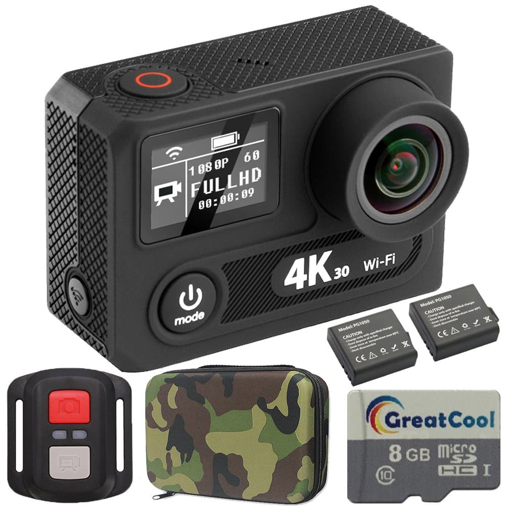GreatCool Double Screen 4K Waterproof Wifi 16MP HD Action Camera for Bike Helmets with Wireless Remote Controller, 2 Batteries and Mounting Kit