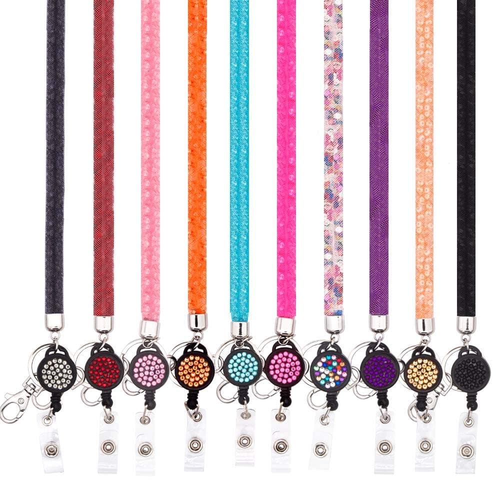 10 Pack Necklace Name Card Lanyards, Bling Lanyard Strap, ID Card Lanyard with Bling retractable Badge Holder with Metal Clasp & Keyring