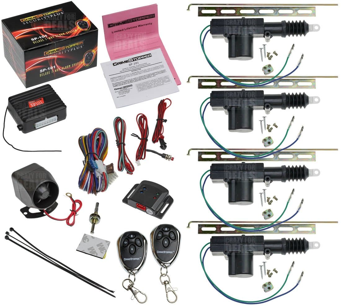Crimestopper SP-101 Car Security Alarm & Keyless Entry System with (4) Car Power Door Lock Actuator Motors