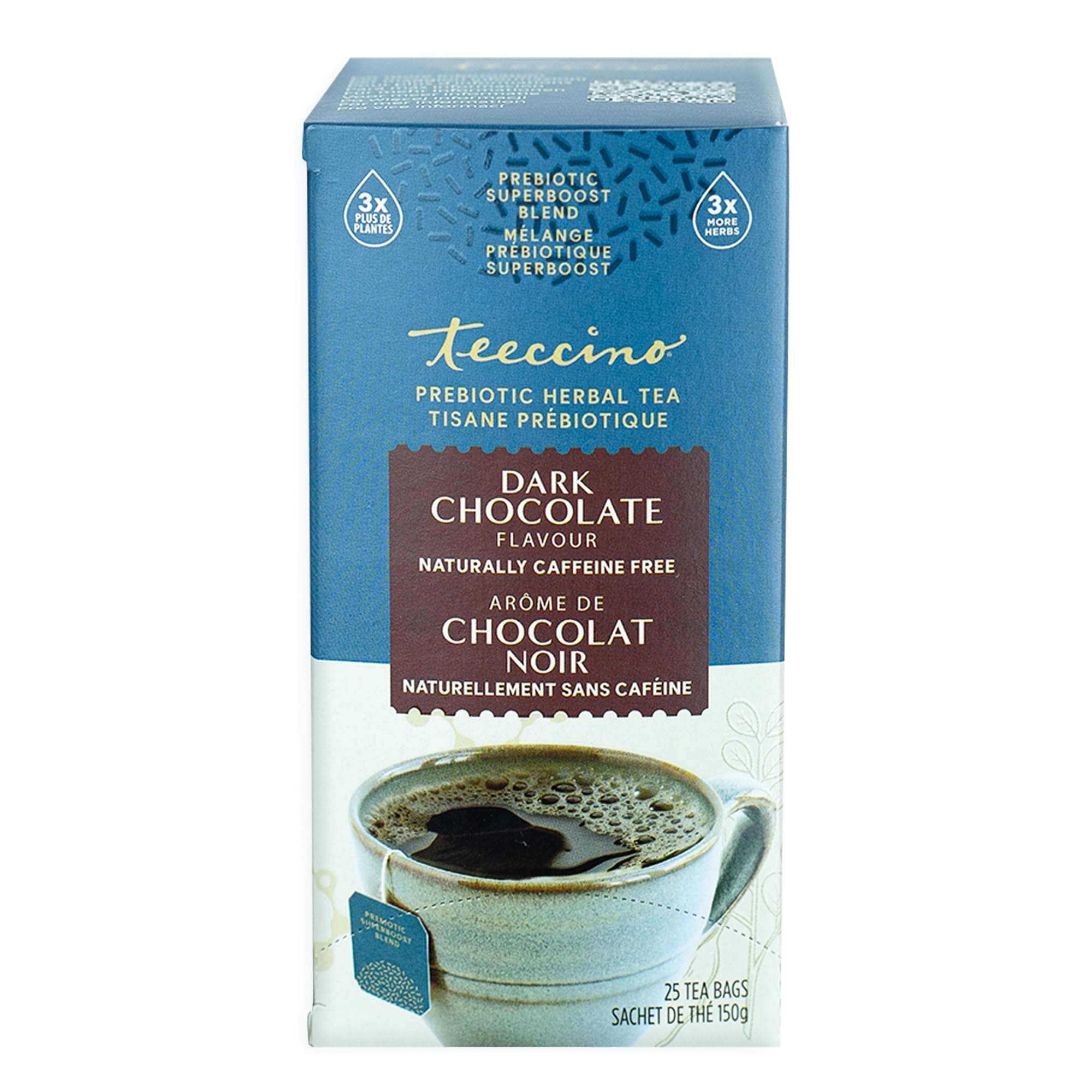 Teeccino Dark Chocolate Prebiotic SuperBoost™ Herbal Tea - Support Your Probiotics with Vegan GOS & Organic XOS For Good Gut Health and Regularity, 25 Tea Bags