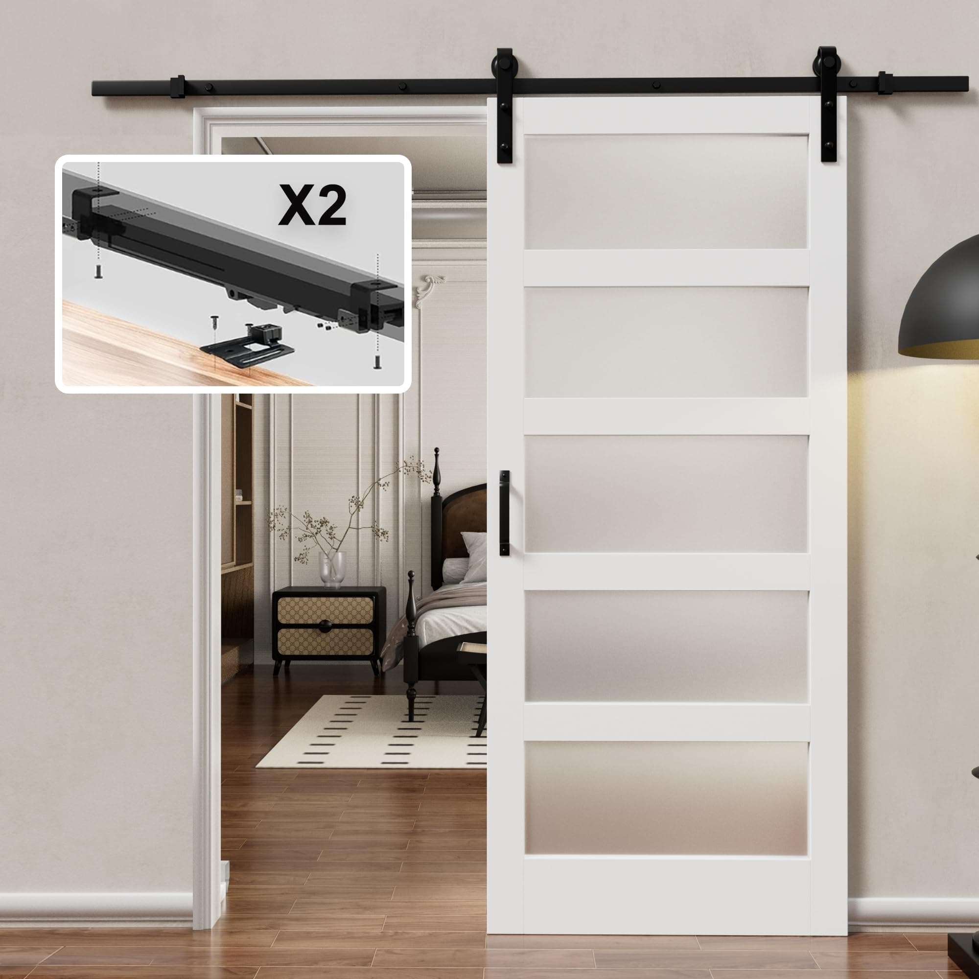 36 x 84 Inch Glass Barn Doors and 6.6FT Hardware Included, Pre-Drilled Easy Assembly, White Sliding Barn Door with Heavy Duty 1/6 Inch Tempered Frosted Glass for Interior