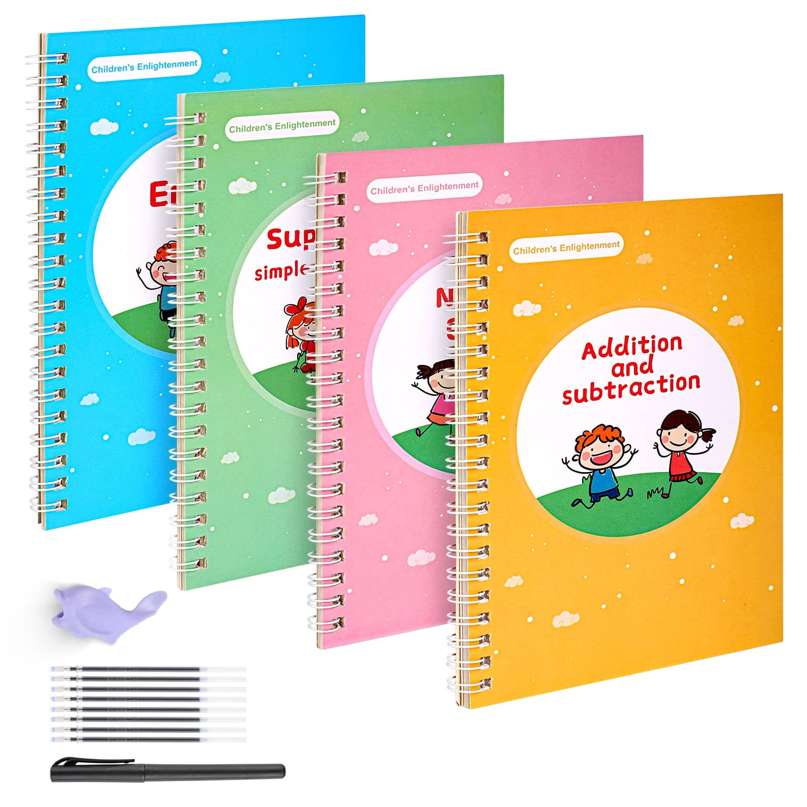 Tikplus 4 Pack Magic Copy Books for Kids, Reusable Grooved English Handwriting Tracing Exercise Book, Children Calligraphy Set with Pens for Beginners to Learn Drawing|Math|Numbers|Alphabet