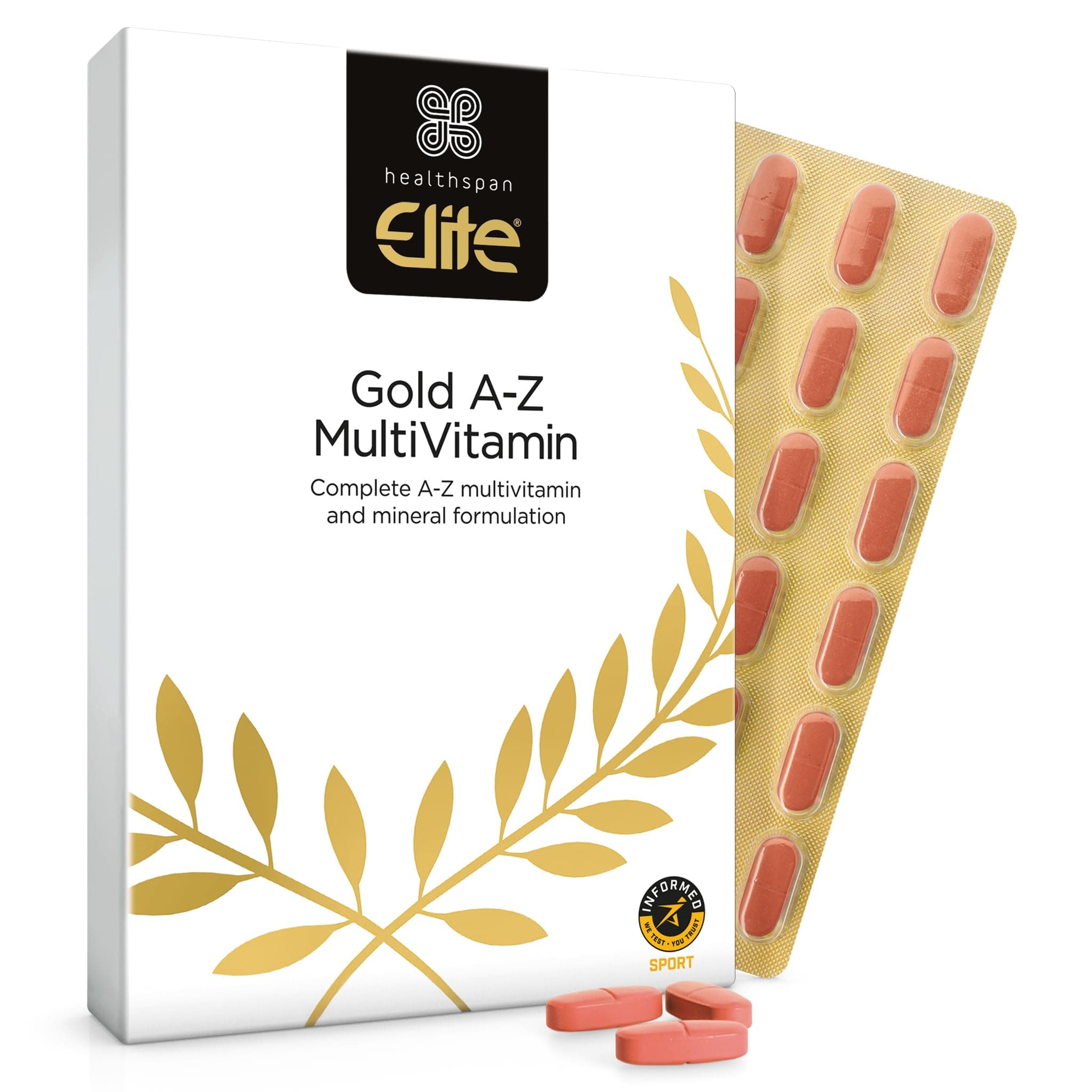 Healthspan Elite Gold A-Z Multivitamin (4 Months’ Supply) | 27 Essential nutrients with Vitamin B Complex with Iron, Selenium & Zinc | All Blacks Official Partner | Informed Sport Accredited | Vegan