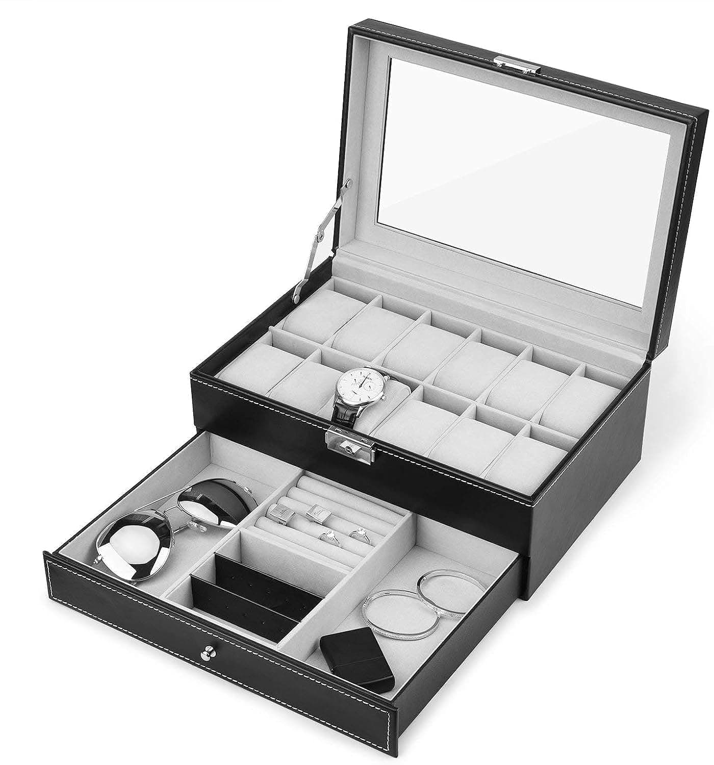 Double Layer Jewelry Box with Drawer Case For Watch, Black
