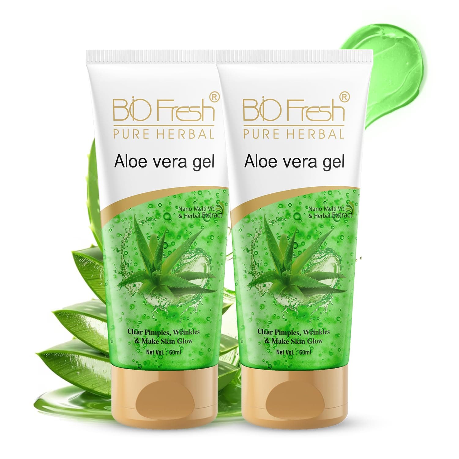 B I O F R E S H Organic Aloe Vera Gel with Vitamin E and Antiseptic Herbs, For Smooth, Nourished and Moisturised Skin, Anti-ageing & Anti-Inflammatory, 60+60ml