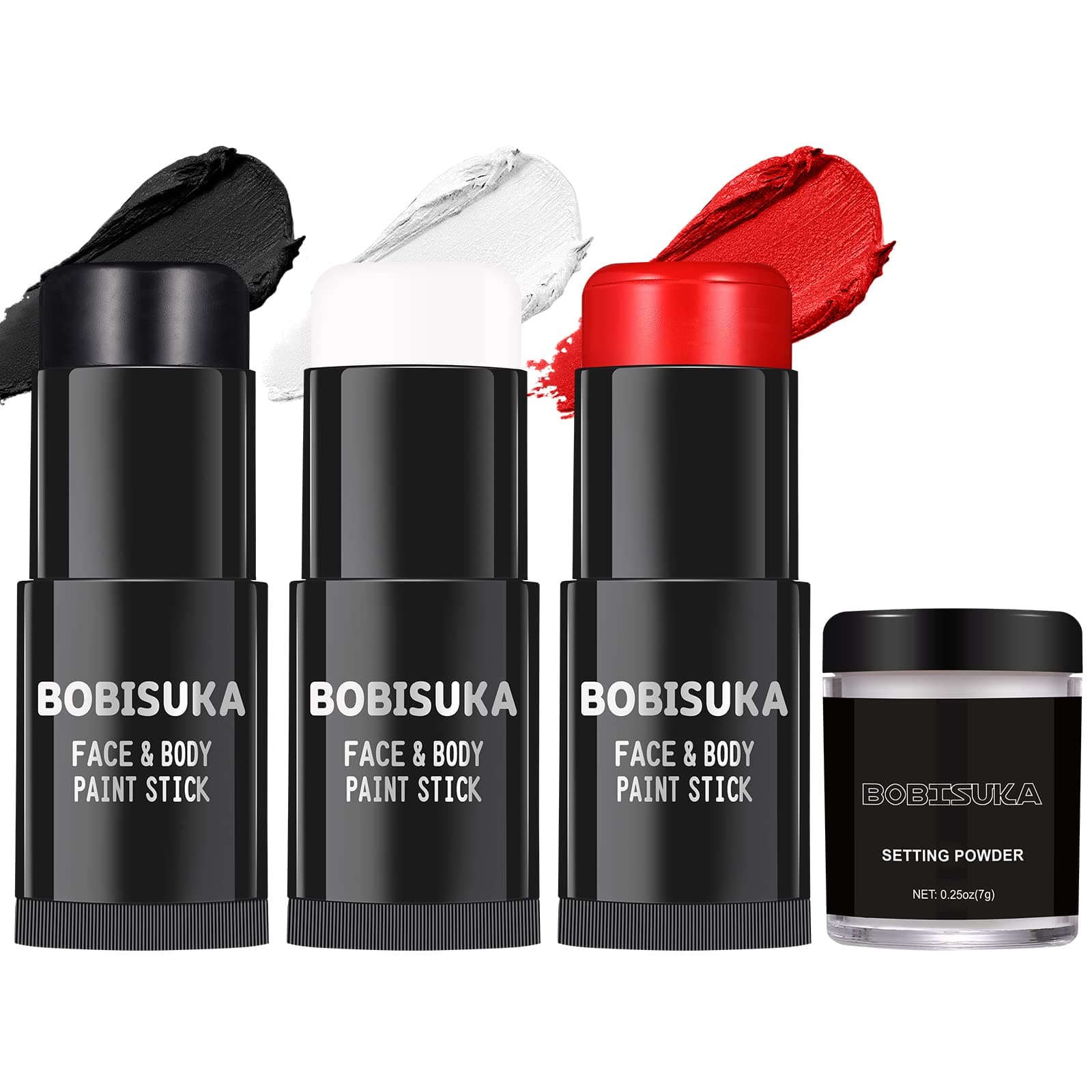BOBISUKA Black White Red Face Paint Stick with Setting Powder Set Clown Makeup Eye Black Sticks for Sports, Body Paints for Halloween Joker Skeleton Cosplay Special Effects Costume SFX Stage Kit
