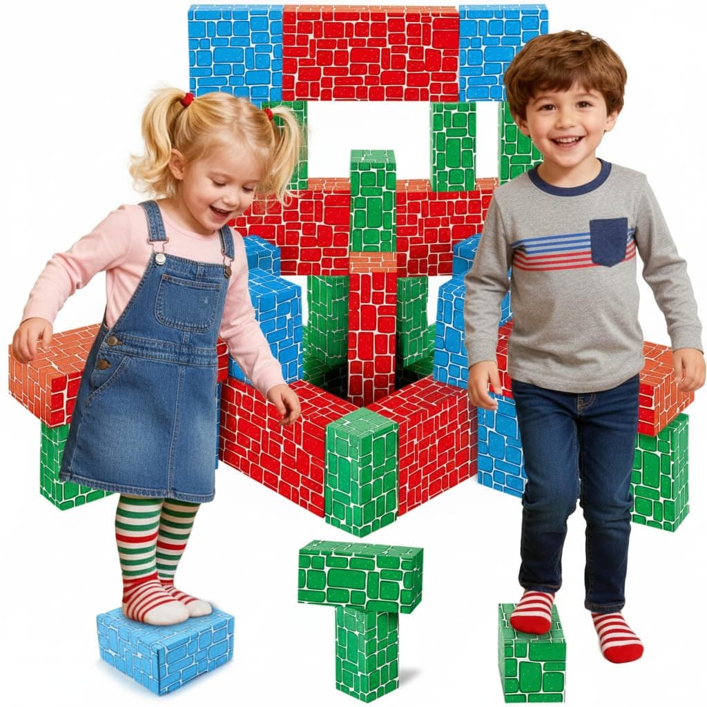 Cardboard Building Block, Exercise N Play 40pcs Extra-Thick Jumbo Giant Building Blocks in 3 Sizes for Kids
