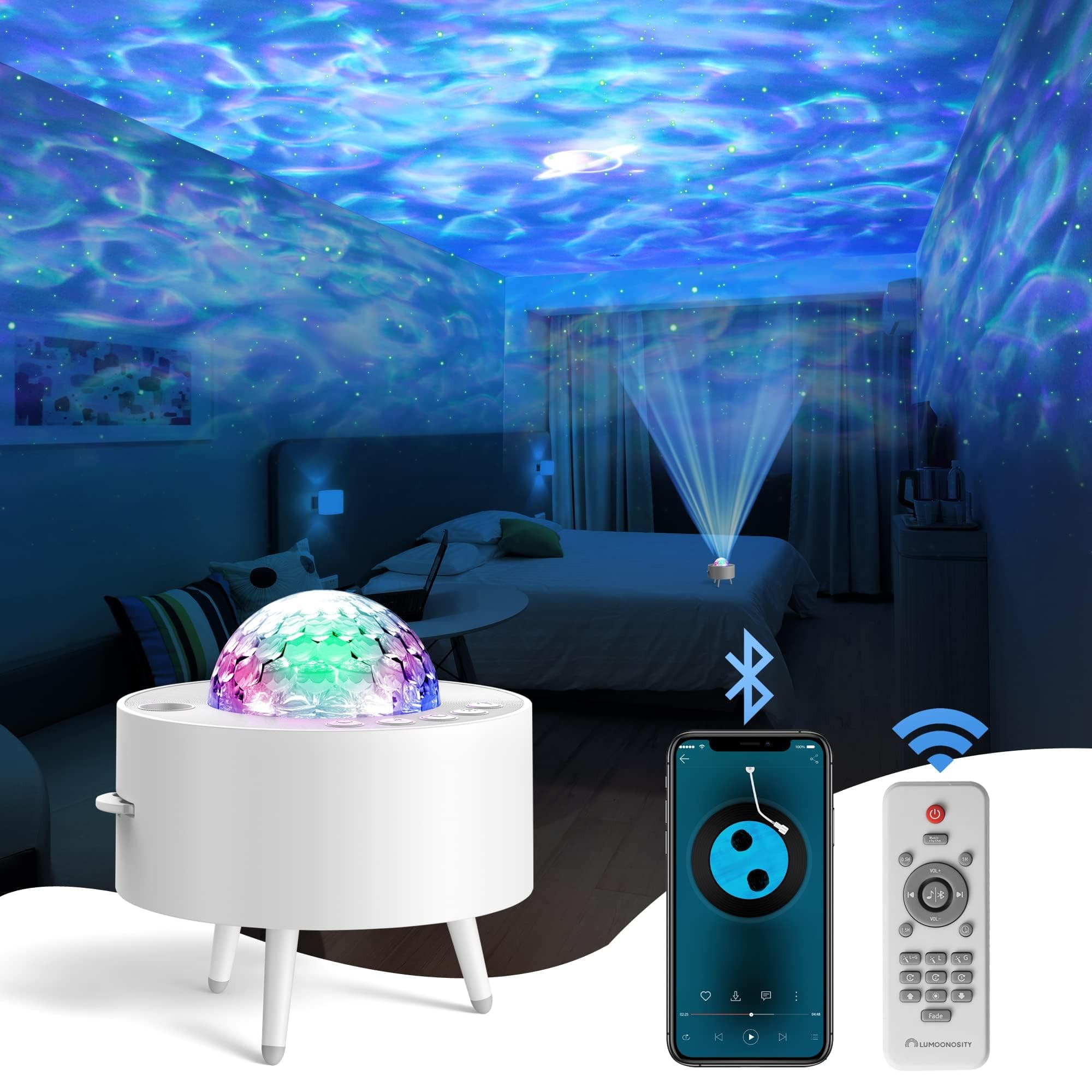 Ocean Wave Projector – Water Light Projector for Bedroom, Kids Room Decor – Ocean Galaxy Night Light with Speaker - Starry Light with 9 Planet, Star, Water Wave Effect