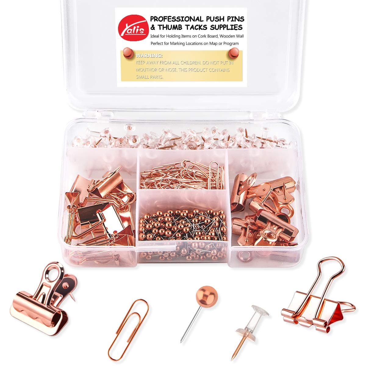 Push Pins Set, 5 Styles Thumb Tacks Map Pins, Steel Point Pushpins Thumbtacks for Cork Board Bulletin Boards(Rosegold-396pcs)