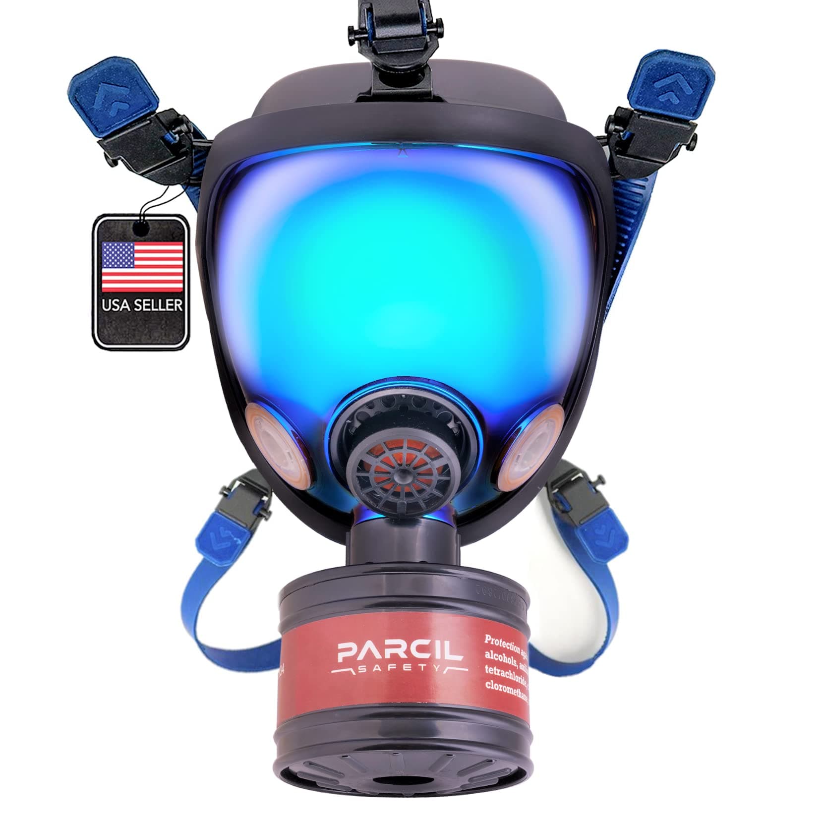Parcil Distribution ST-100X Arctic Blue Mirrored Survival & Tactical Full Face Respirator with P-D-1 Single 40mm Carbon Activated Charcoal Filter Canister