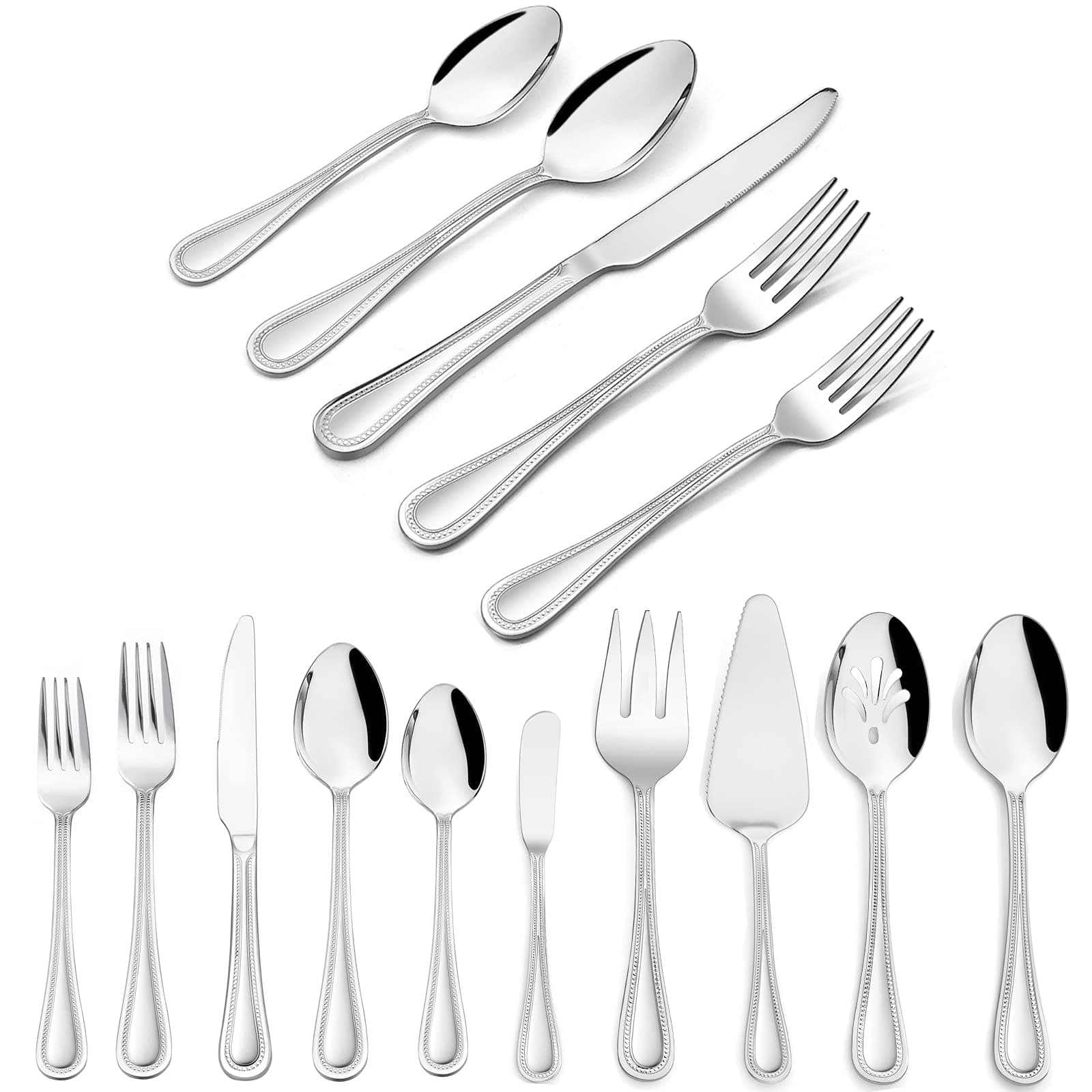 HaWare 65-Piece Silverware Set with Serving Utensils, Stainless Steel Flatware Service for 12, Pearled Edge Tableware Cutlery for Home Restaurant Party, Mirror Polished, Dishwasher Safe