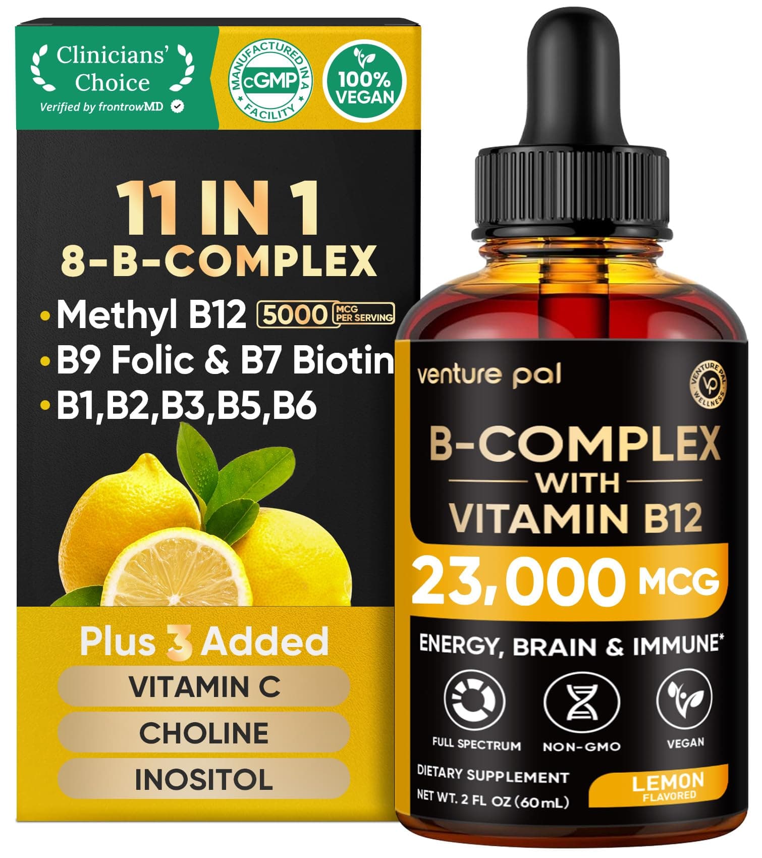 Venture Pal Vitamin B Complex Liquid Drops, B12 Methylcobalamin | B9 Folic | B1,B2,B3,B5,B6,B15 - Vitamin C, Choline, Inositol, Immune & Energy Metabolism, Brain & Heart Support