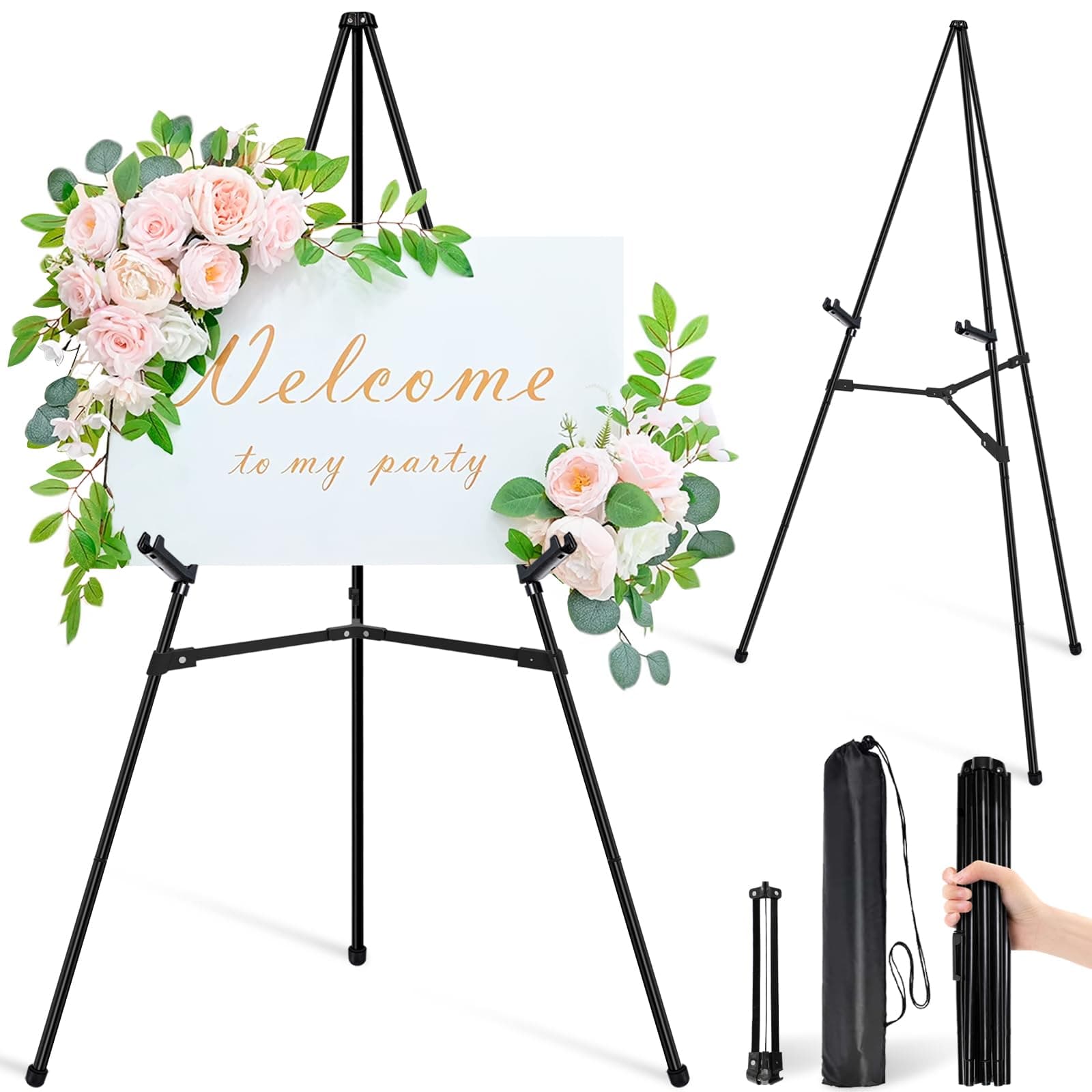 Easel Stand for Sign - 63" Display Easel for Wedding Sign Stand Poster Stand, Lightweight Adjustable Poster Easel for Painting, Portable Easel Stand with Carrying Bag, Black 1Pcs