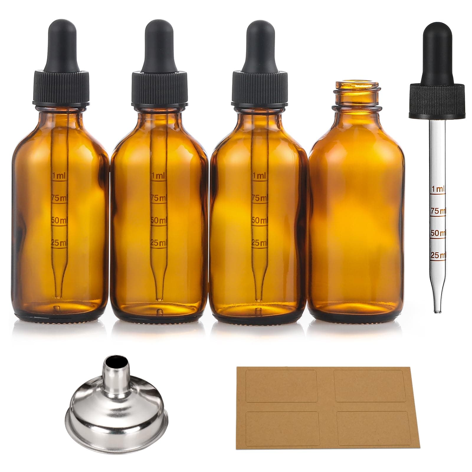 4 Pack 1 oz Glass Dropper Bottles with Measured Dropper - 30ml Dark Amber Tincture Bottles with Graduated Calibrated Glass Eye Droppers (1ml) for Essential Oils, Liquids - Leakproof Travel Bottles