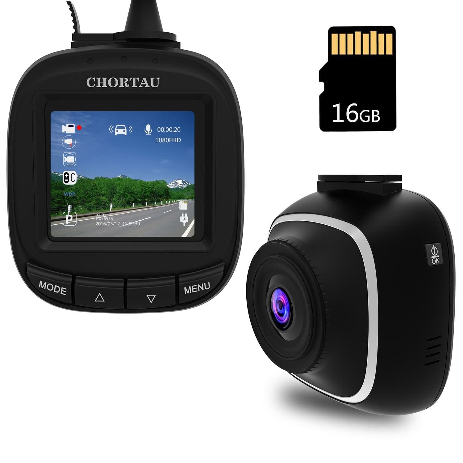 【Offer 16GB Micro SD Card】CHORTAU Mini Dash Cam Full HD 1080P Wide Angle, 1.5 Inch Screen, Dashboard Camera, Car Camera with Loop Recording, G-Sensor, Motion Detection, Parking Monitor