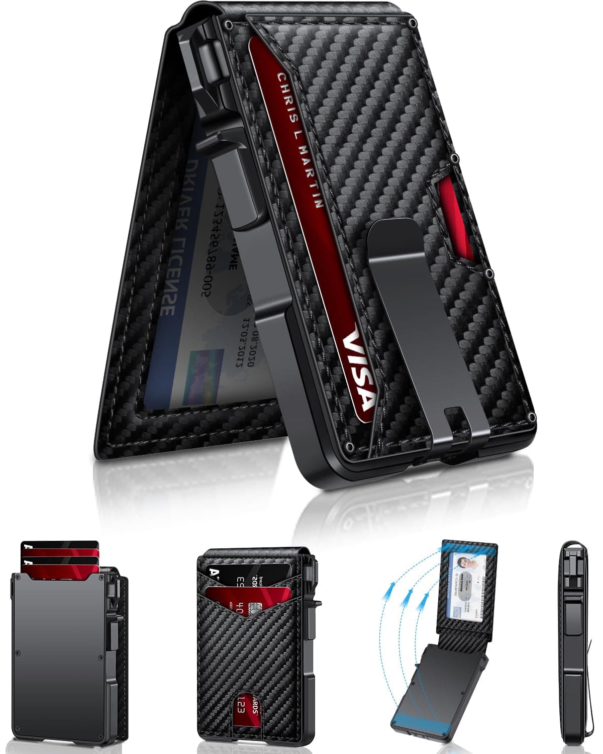 Men Leather Wallet , Minimalist Wallet 9-13 Cards, Slim Compact Wallet with Money Clip & ID Window, RFID Blocking Smart Pop Up Card Wallet, Metal Aluminum Credit Card Holder Bifold Wallet,Blue