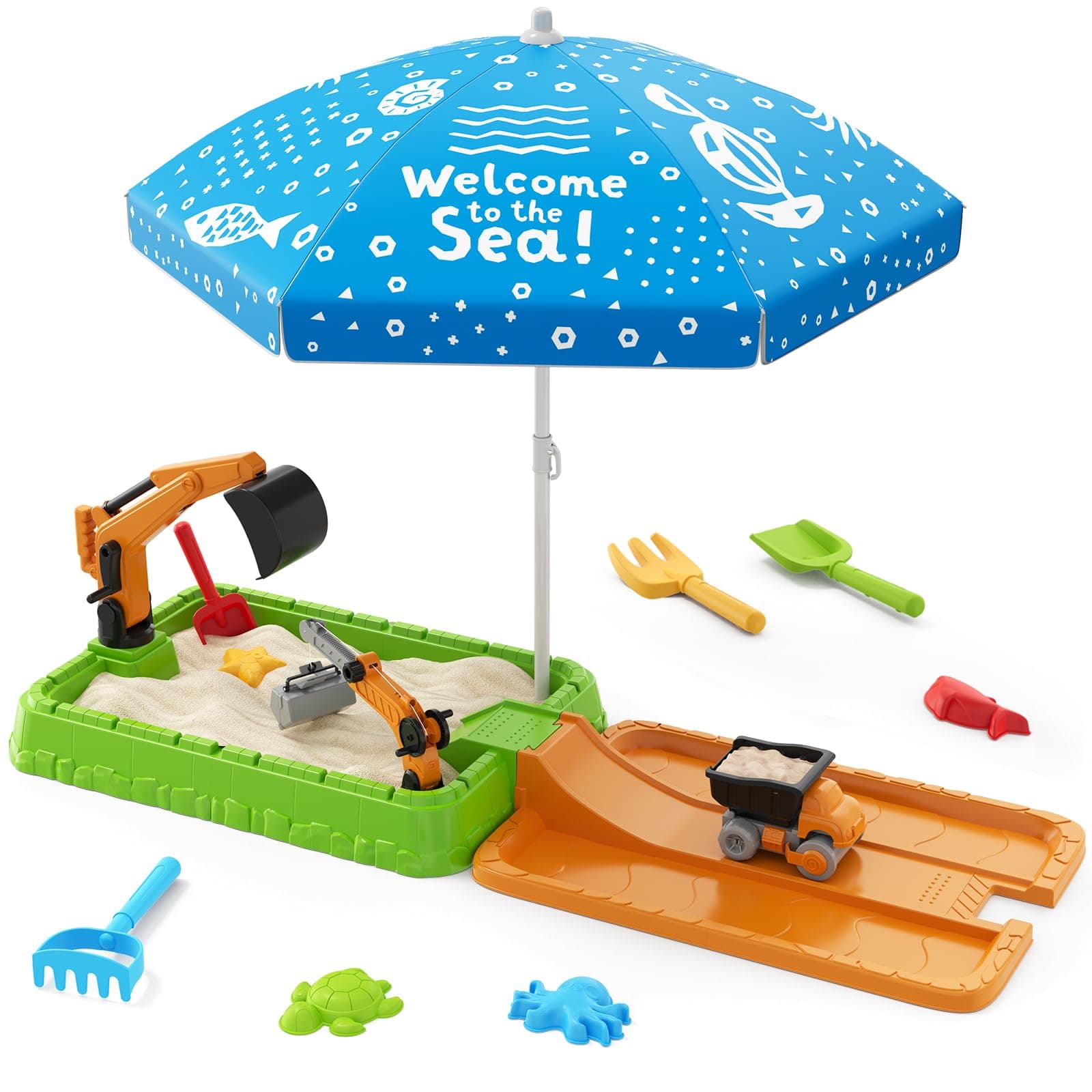 Sandbox with Lid, Dirt Digger Excavator Sand Box with Cover, Kids Sand Pit with Construction Toys/Umbrella/Beach Toys for Toddler 3-5, Sensory Kit Summer Gifts for Indoor Outdoor Backyard, Green