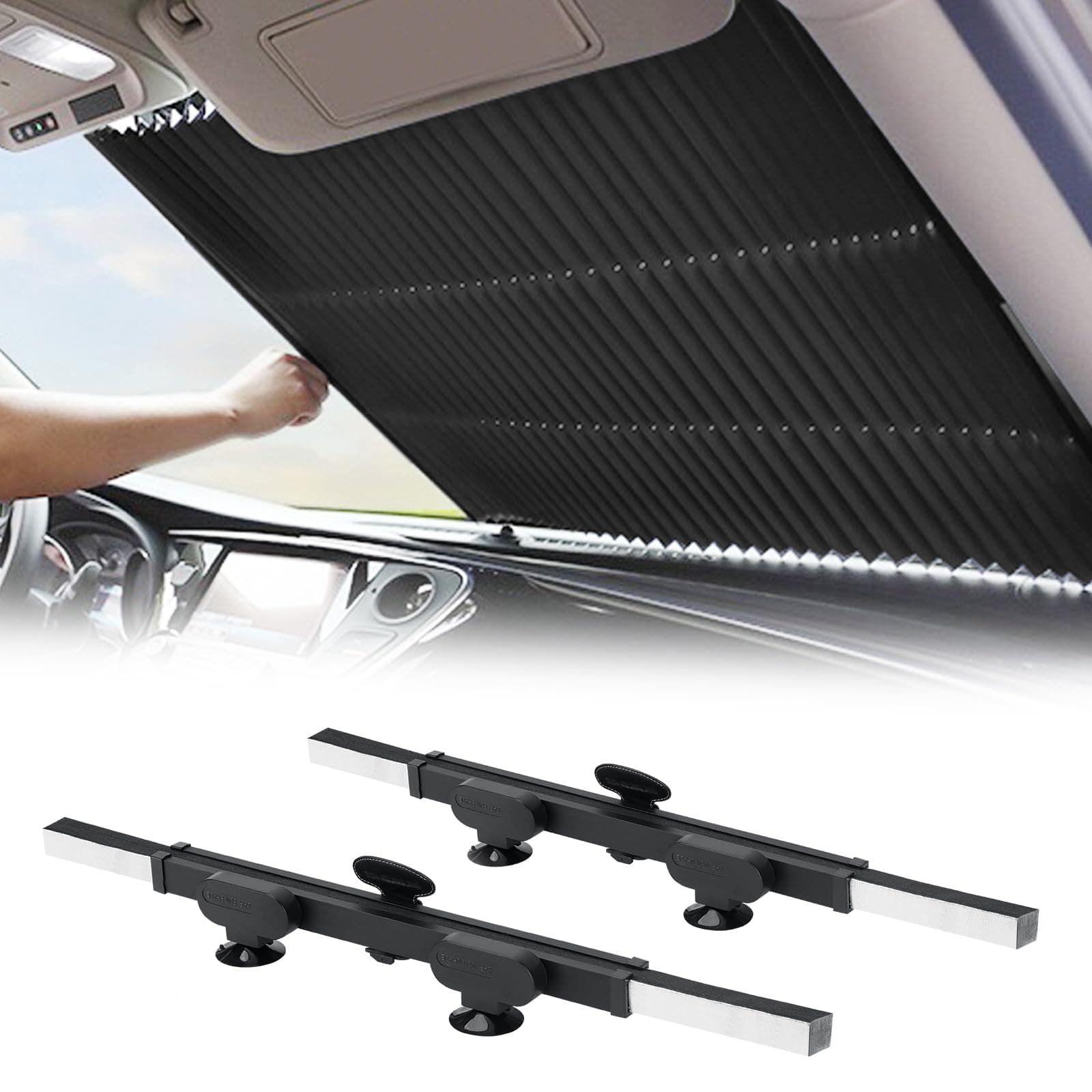 2PCS Retractable Car Sun Shades - Accordion Foldable Windshield Sunshade Blocks 99% UV Rays, Keep Cool, Large Size Sunscreen for Maximum Protection, Prevents Interior Sun Damage - Fits Various Models