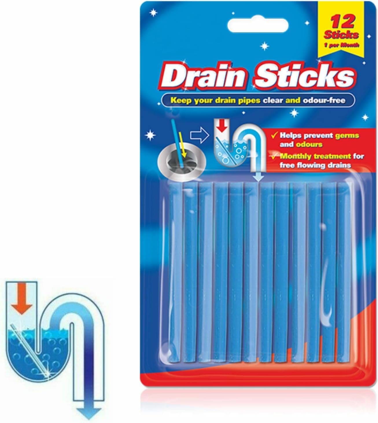 Drain Sticks Easy Flow Plughole Unblocker Eco Kitchen Sink Deodorizer Toilet Cleaner Bathroom Sanitation Odor Remover Unblock Pipe Stick Odour Neutralizer Keeps Drains And Pipes Clear Blue (12)